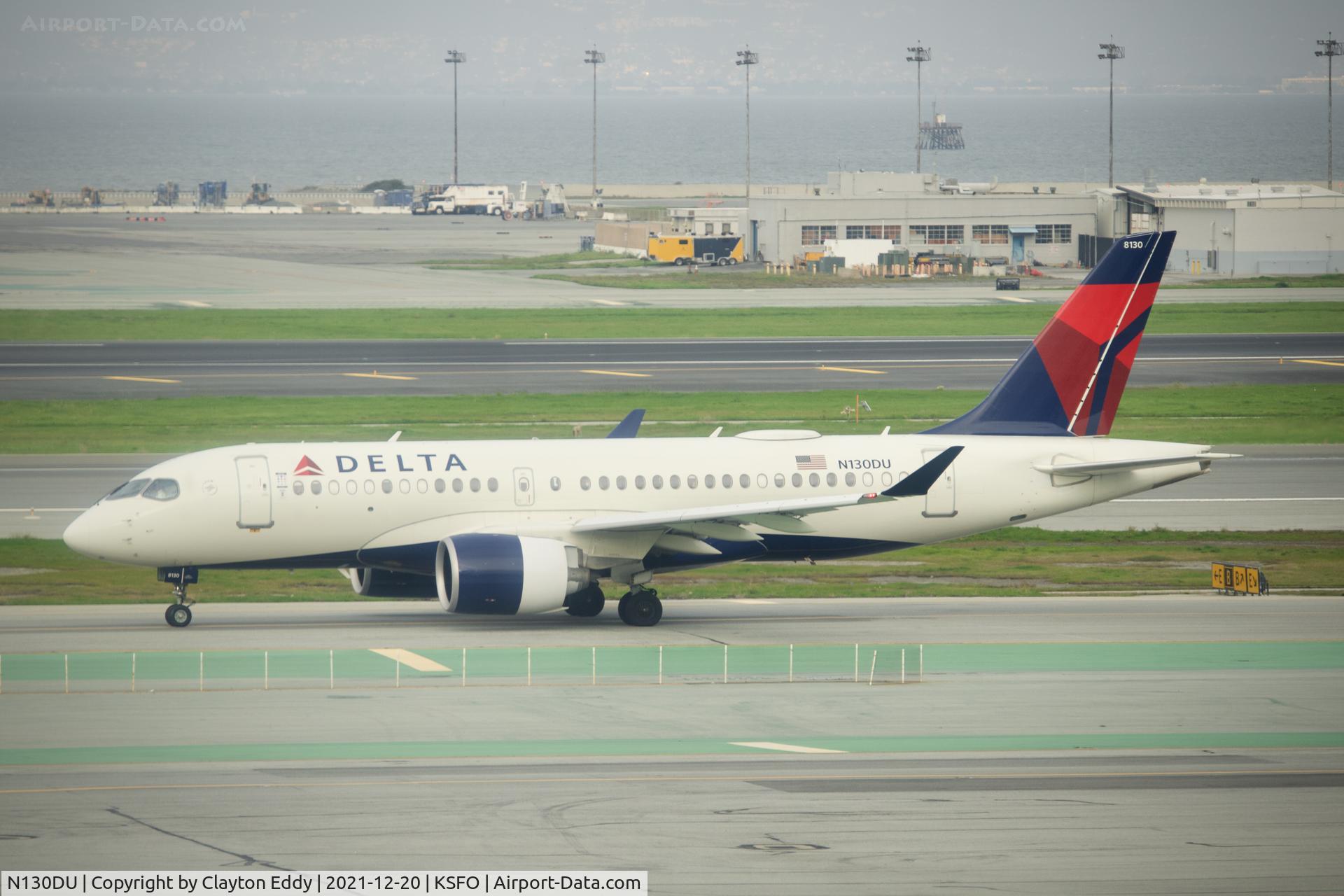 N130DU, 2020 Airbus A220-100 C/N 50049, Pic taken from SkyTerrace SFO 2021.