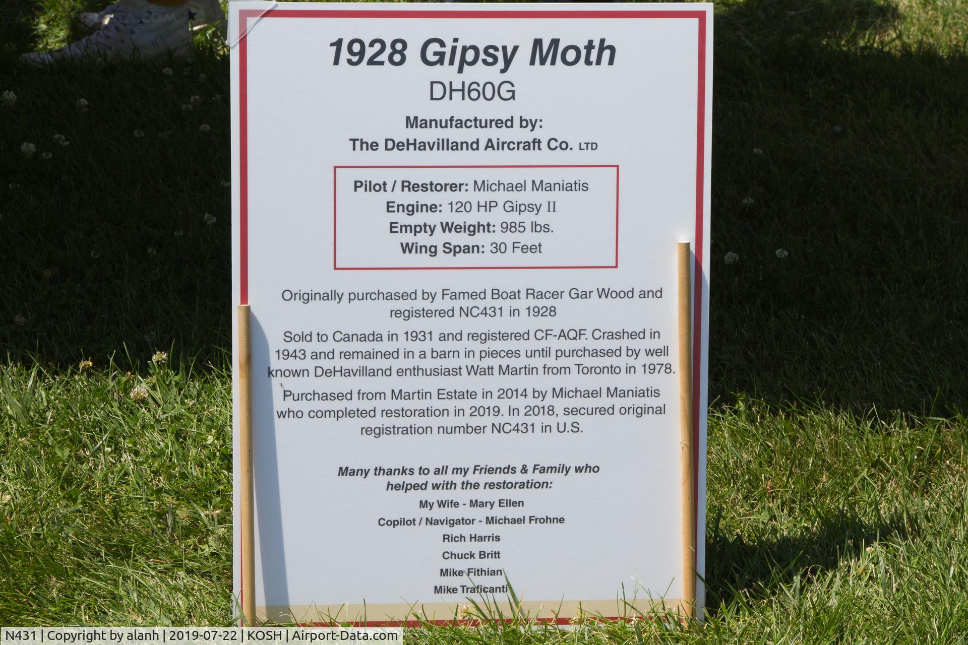 N431, 1928 De Havilland DH 60-GM C/N 910, Newly restored Gypsy Moth data panel at AirVenture 2019