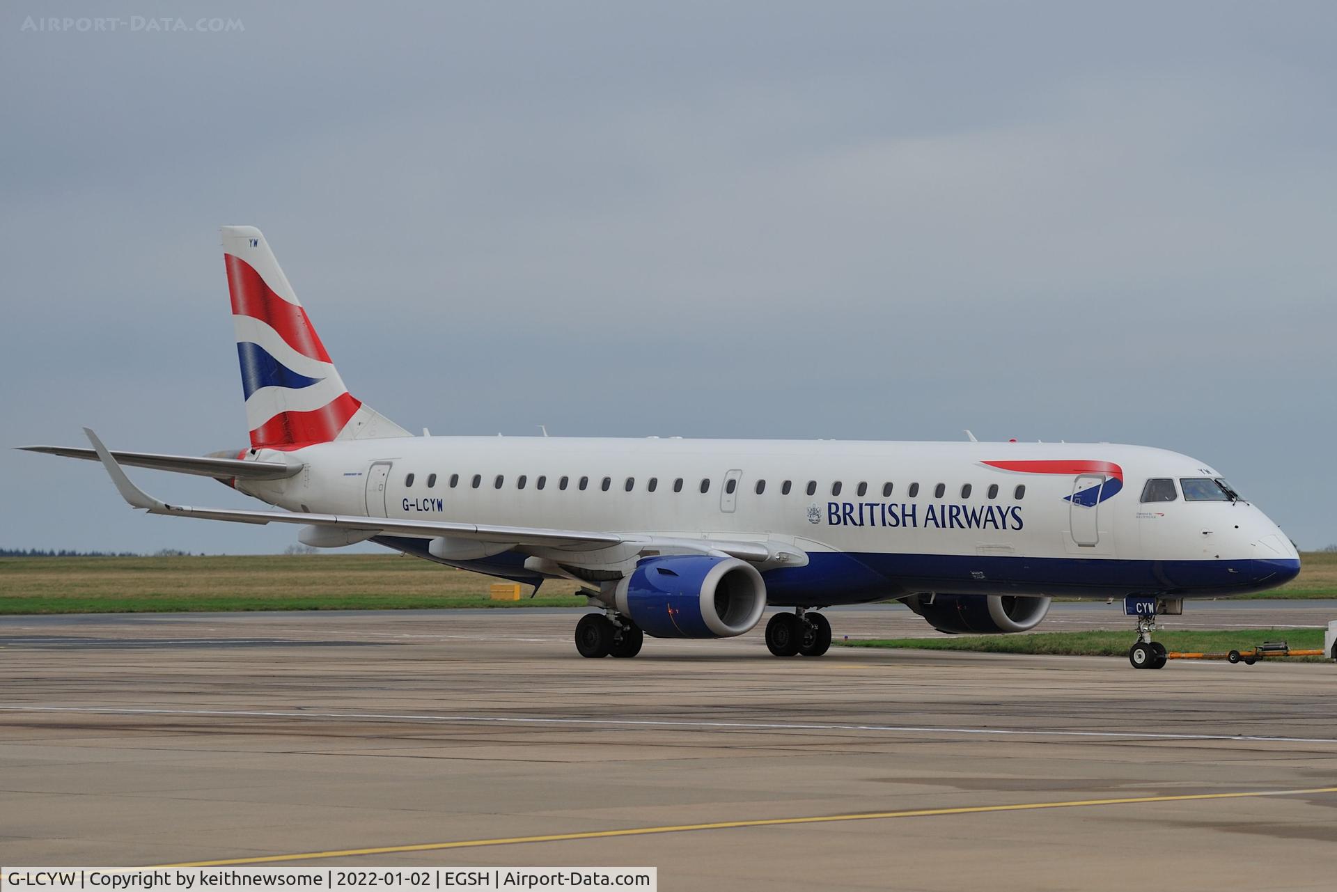 G-LCYW, 2008 Embraer 190SR (ERJ-190-100SR) C/N 19000163, Arrived at Norwich from London City Airport.