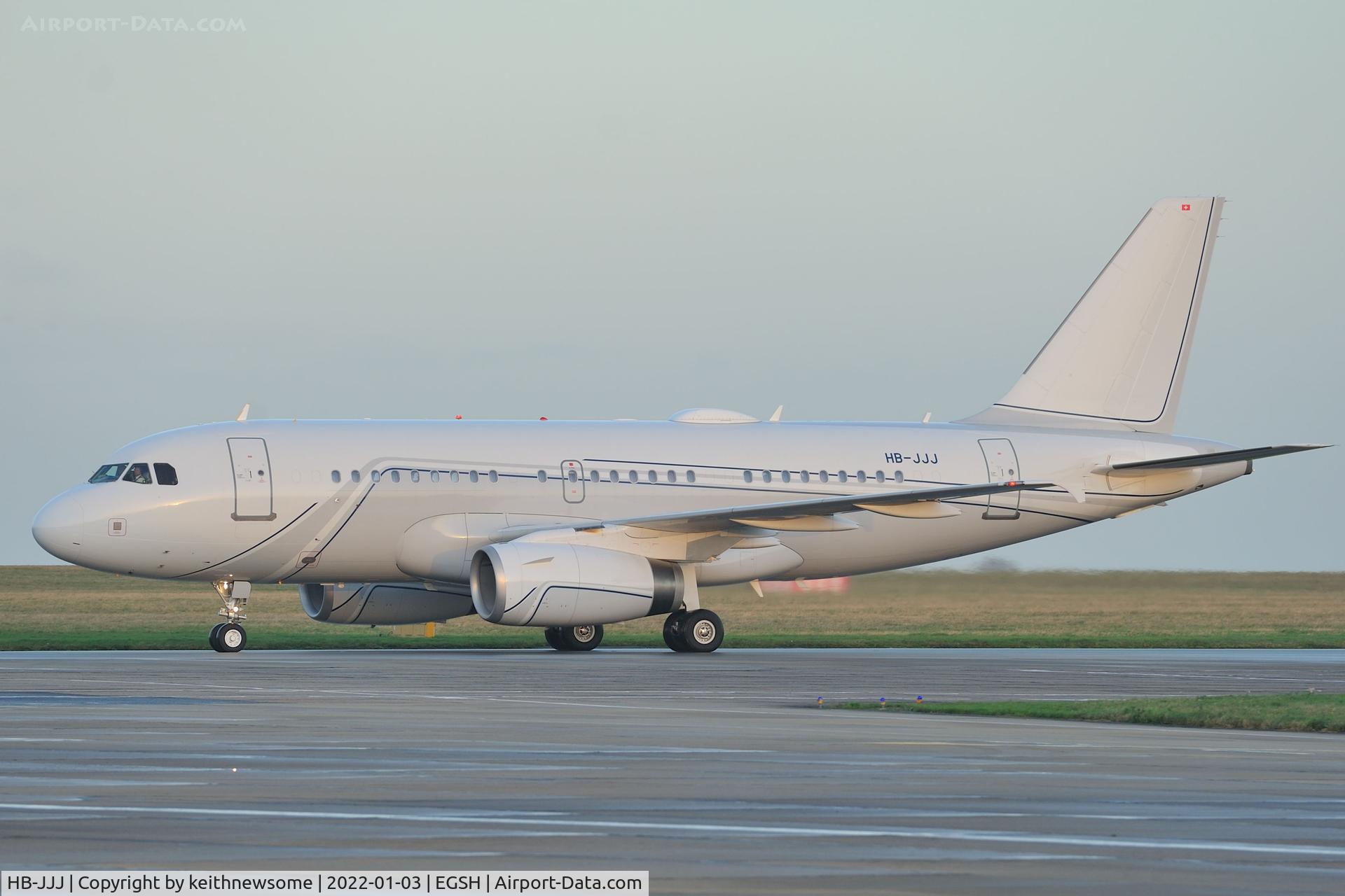 HB-JJJ, 2005 Airbus A319-133CJ C/N 2421, Arriving at Norwich from Algeria.