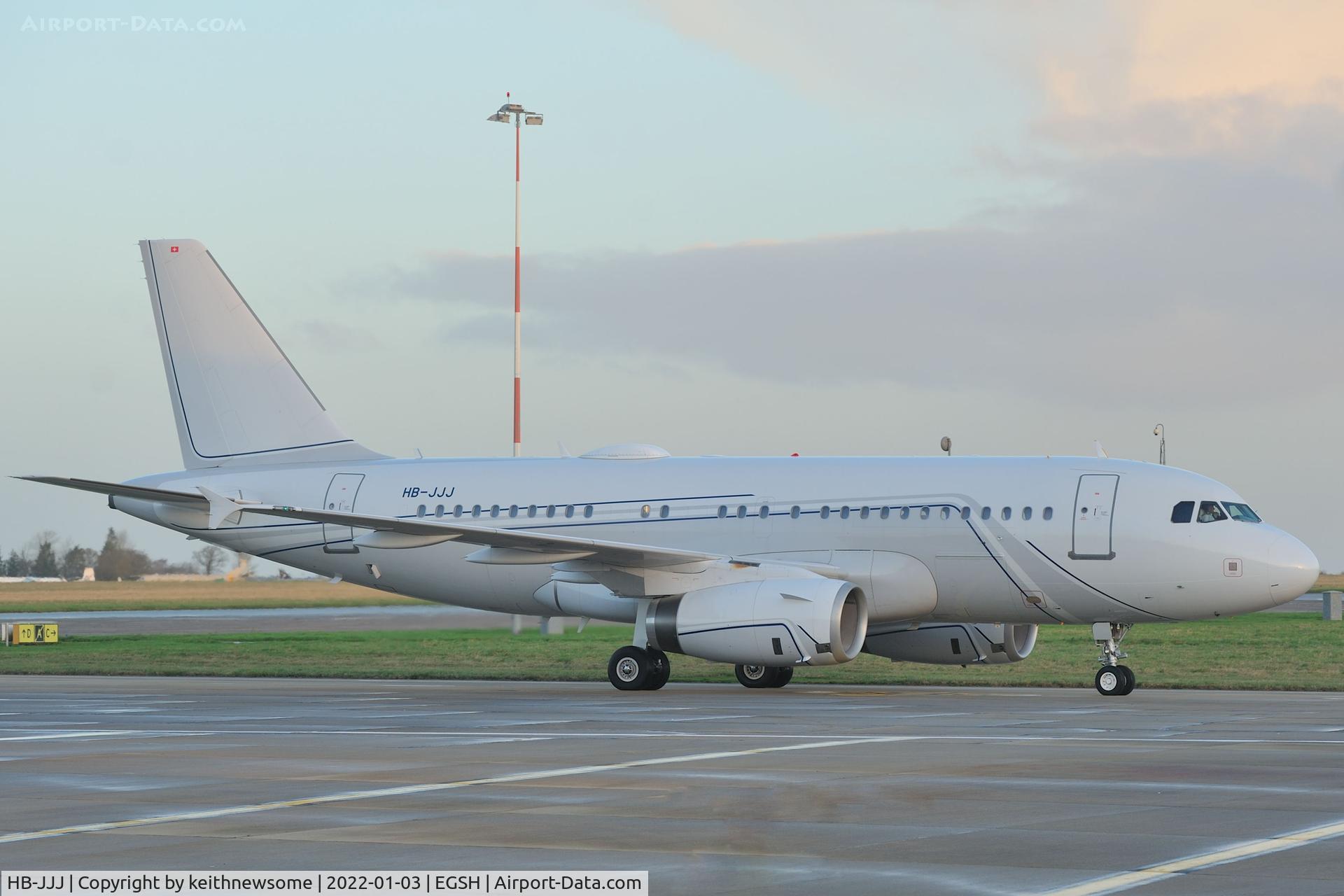 HB-JJJ, 2005 Airbus A319-133CJ C/N 2421, Arriving at Norwich from Algeria.