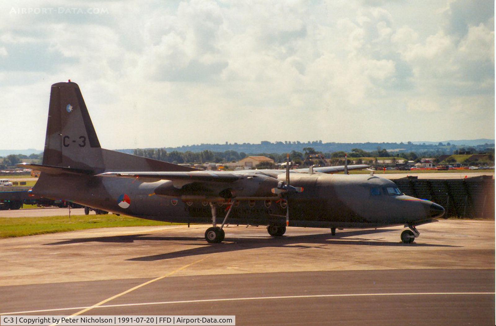 C-3, 1960 Fokker F.27-100 Friendship C/N 10150, F-27M Troopship of 334 Squadron Royal Netherlands Air Force on display at the 1991 International Air Tattoo at RAF Fairford, Gloucestershire.