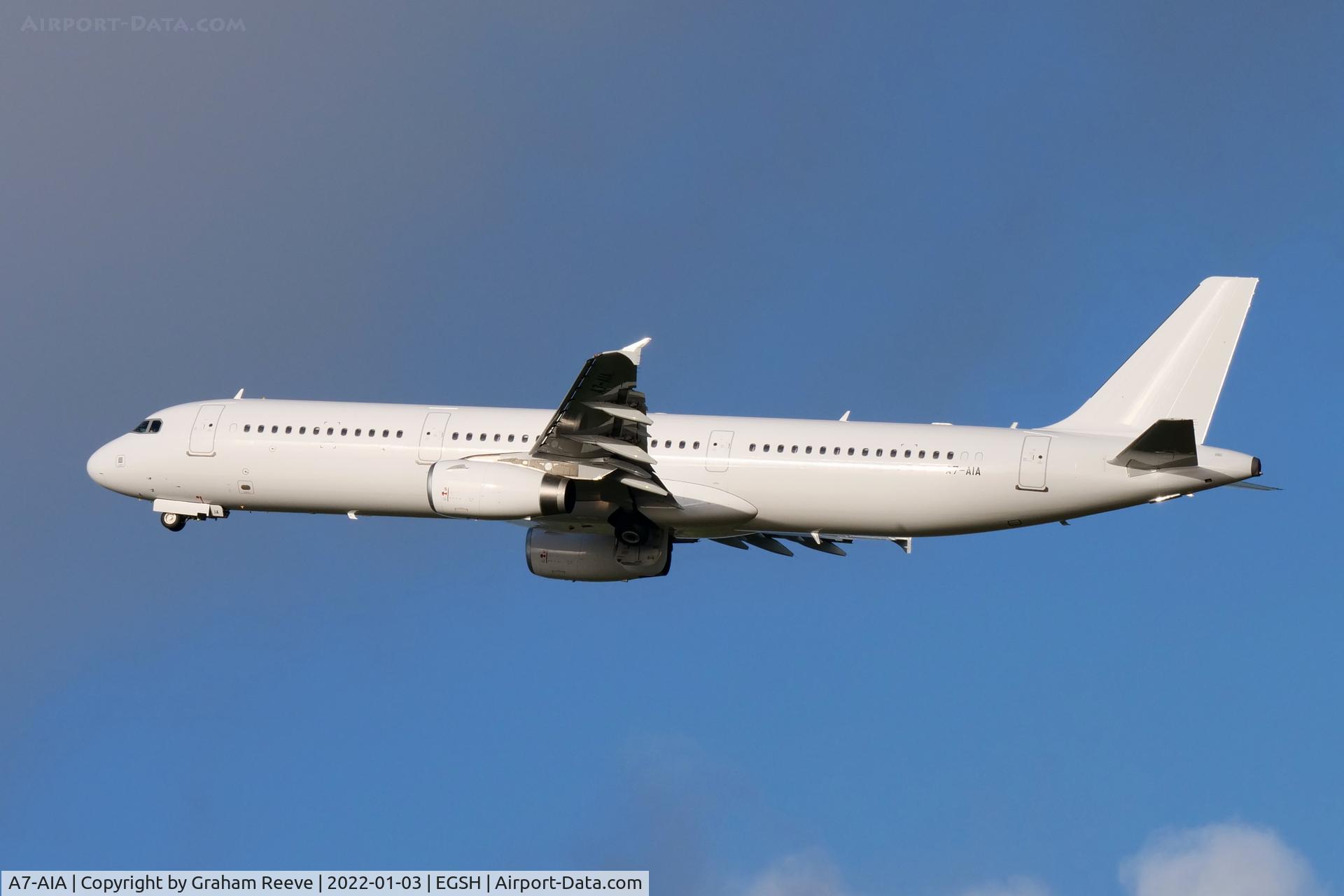 A7-AIA, 2010 Airbus A321-231 C/N 4173, Departing from Norwich.