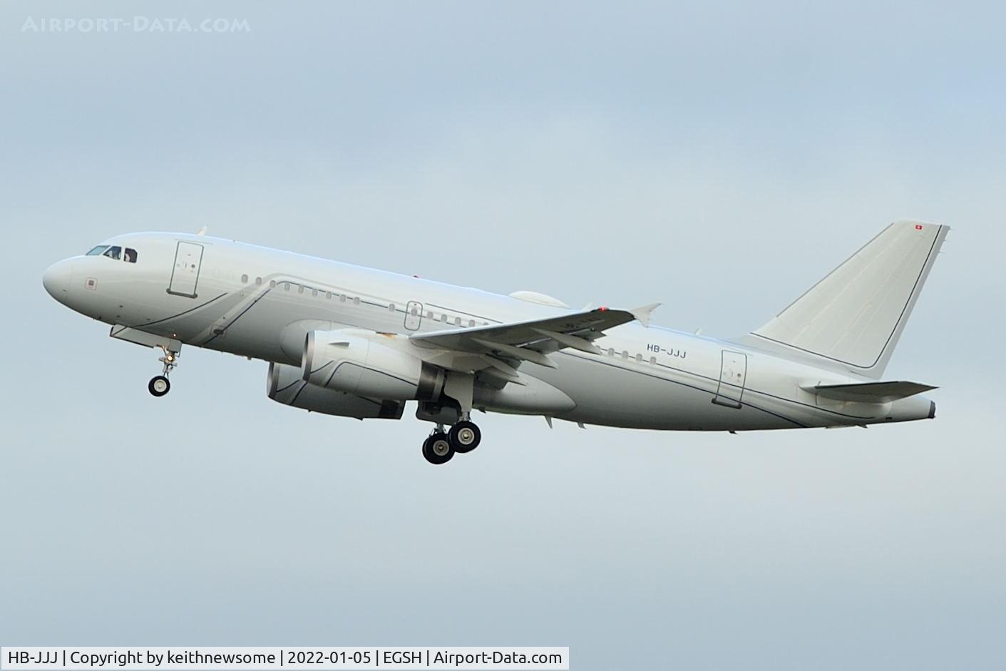 HB-JJJ, 2005 Airbus A319-133CJ C/N 2421, Leaving Norwich for Grenoble, France.