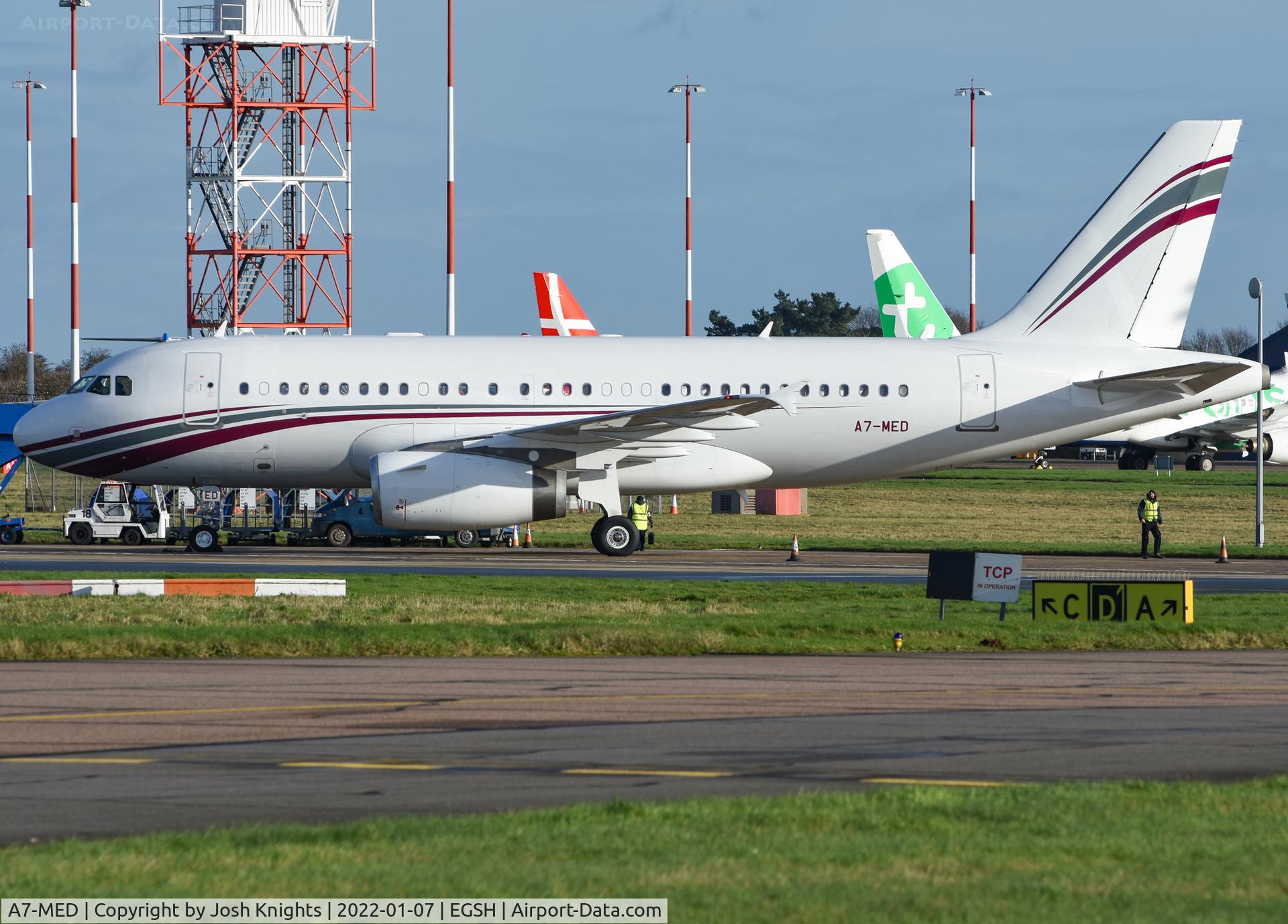 A7-MED, 2009 Airbus A319-133LR C/N 4114, Departing After Respray Into New Livery.