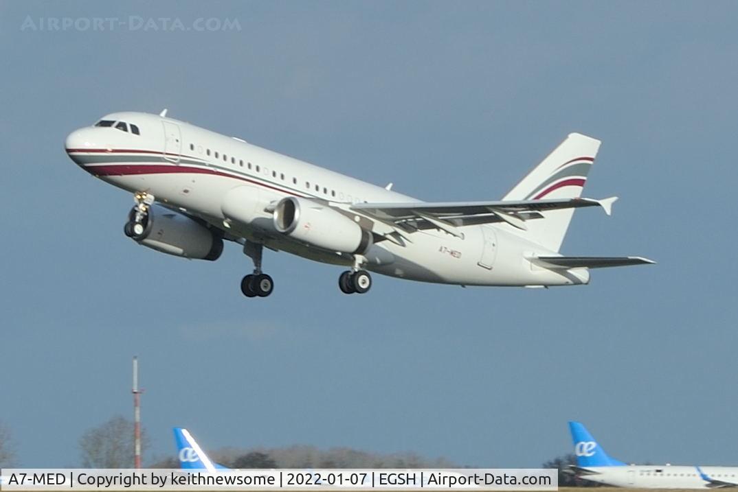 A7-MED, 2009 Airbus A319-133LR C/N 4114, Leaving Norwich for Stansted following paintwork.