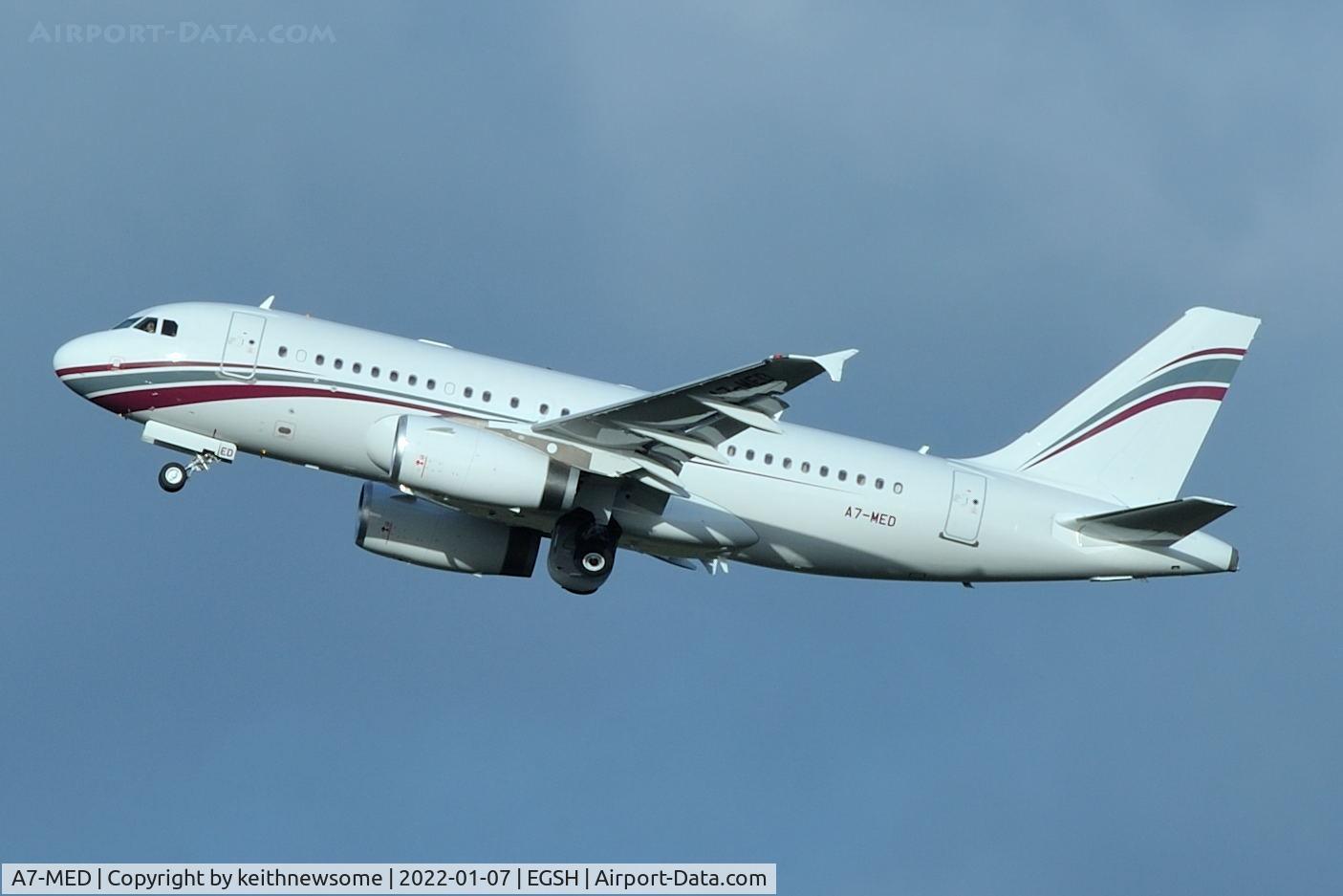 A7-MED, 2009 Airbus A319-133LR C/N 4114, Leaving Norwich for Stansted following paintwork.