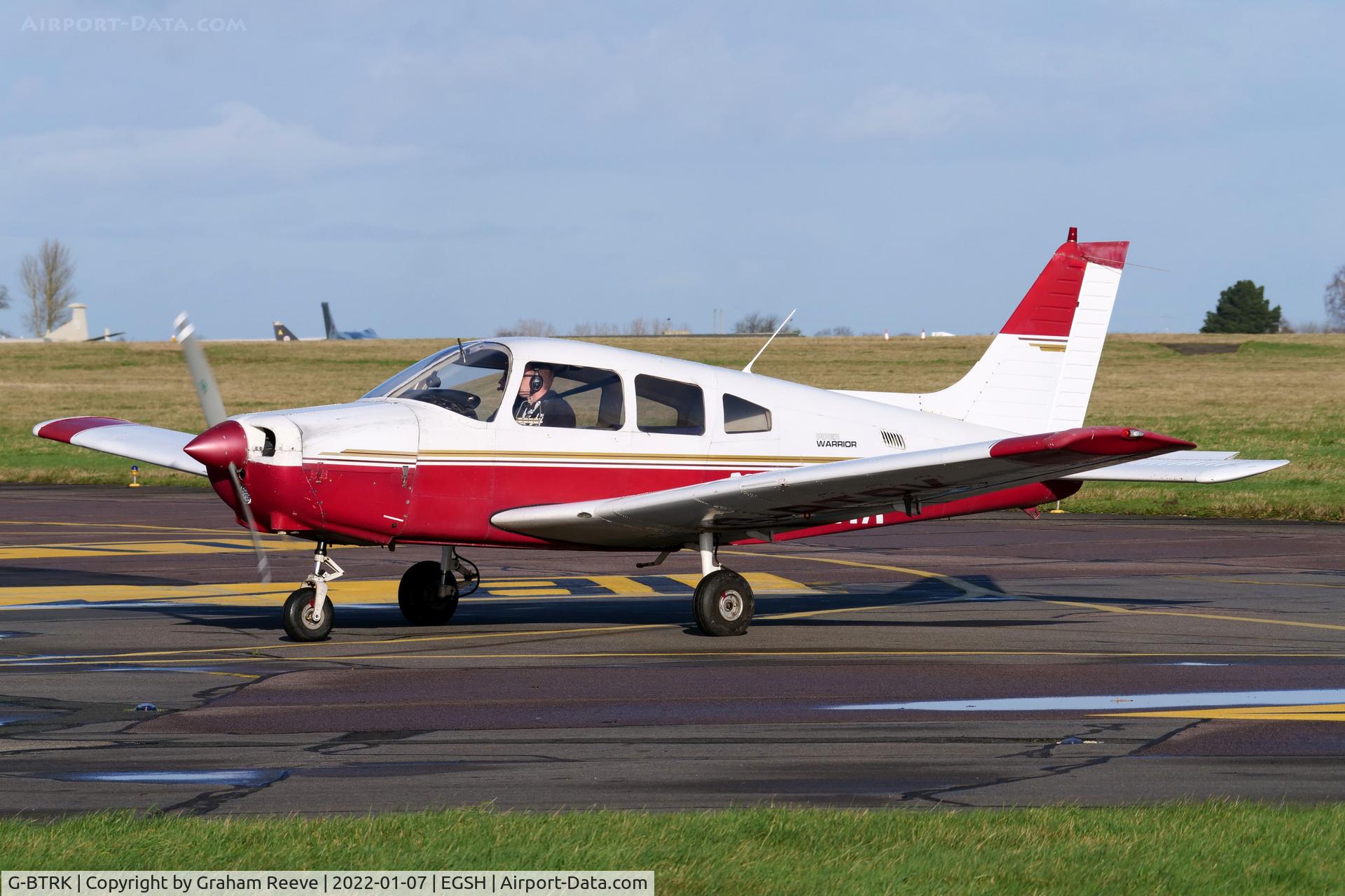 G-BTRK, 1982 Piper PA-28-161 Cherokee Warrior III C/N 28-8216206, Just landed at Norwich.