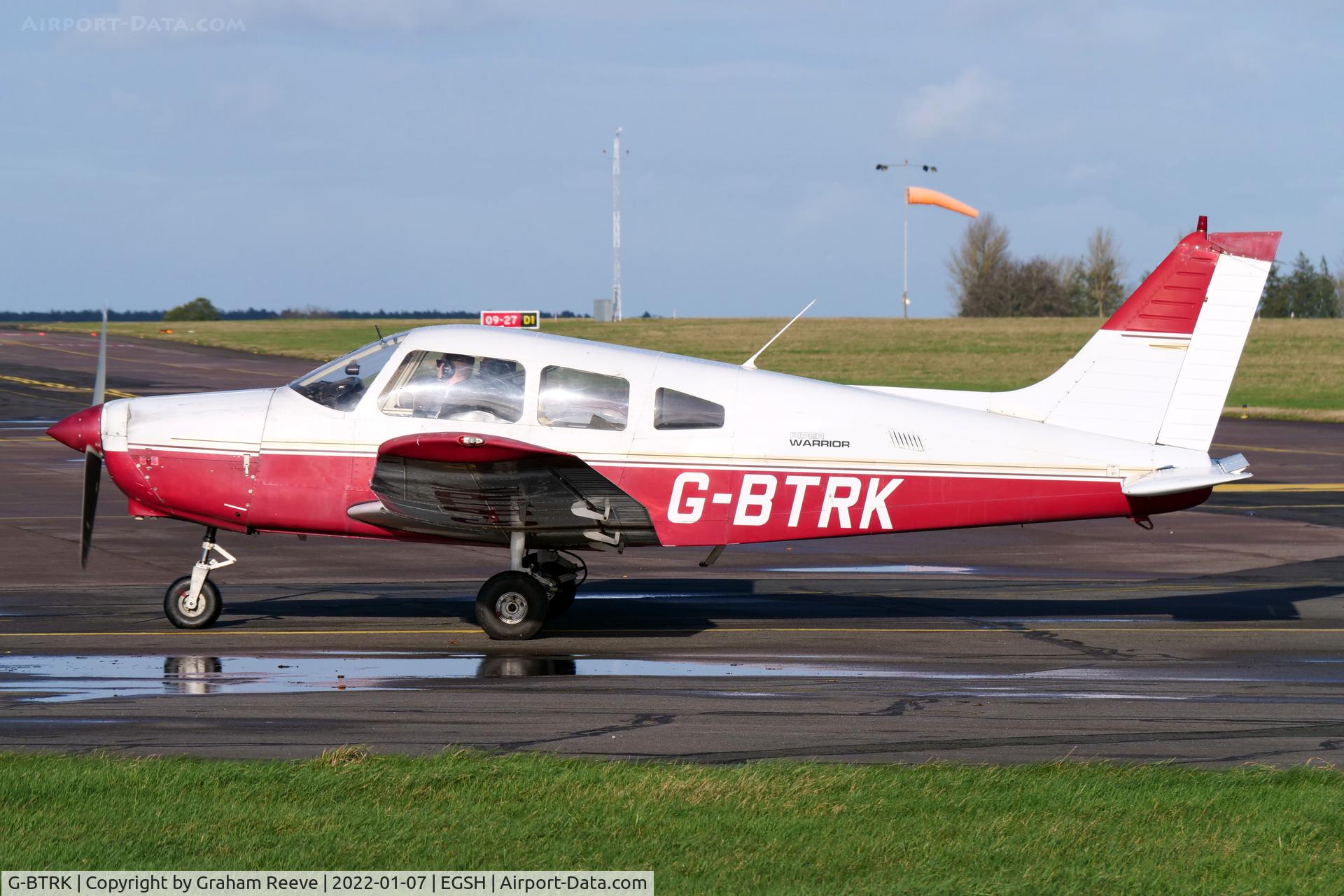 G-BTRK, 1982 Piper PA-28-161 Cherokee Warrior III C/N 28-8216206, Just landed at Norwich.