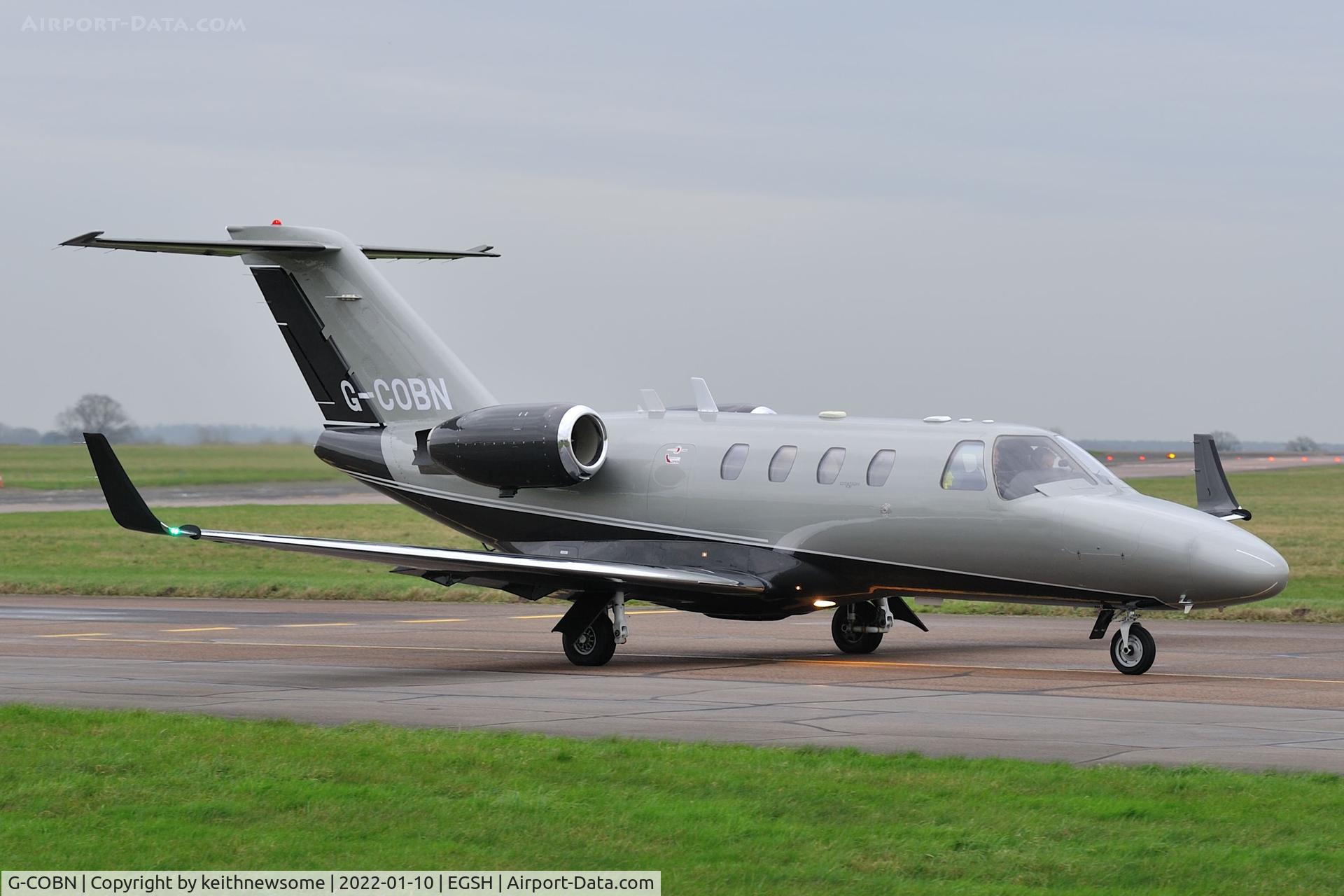 G-COBN, 2001 Cessna 525 CitationJet CJ1 C/N 525-0429, Leaving Norwich for Biggin Hill.