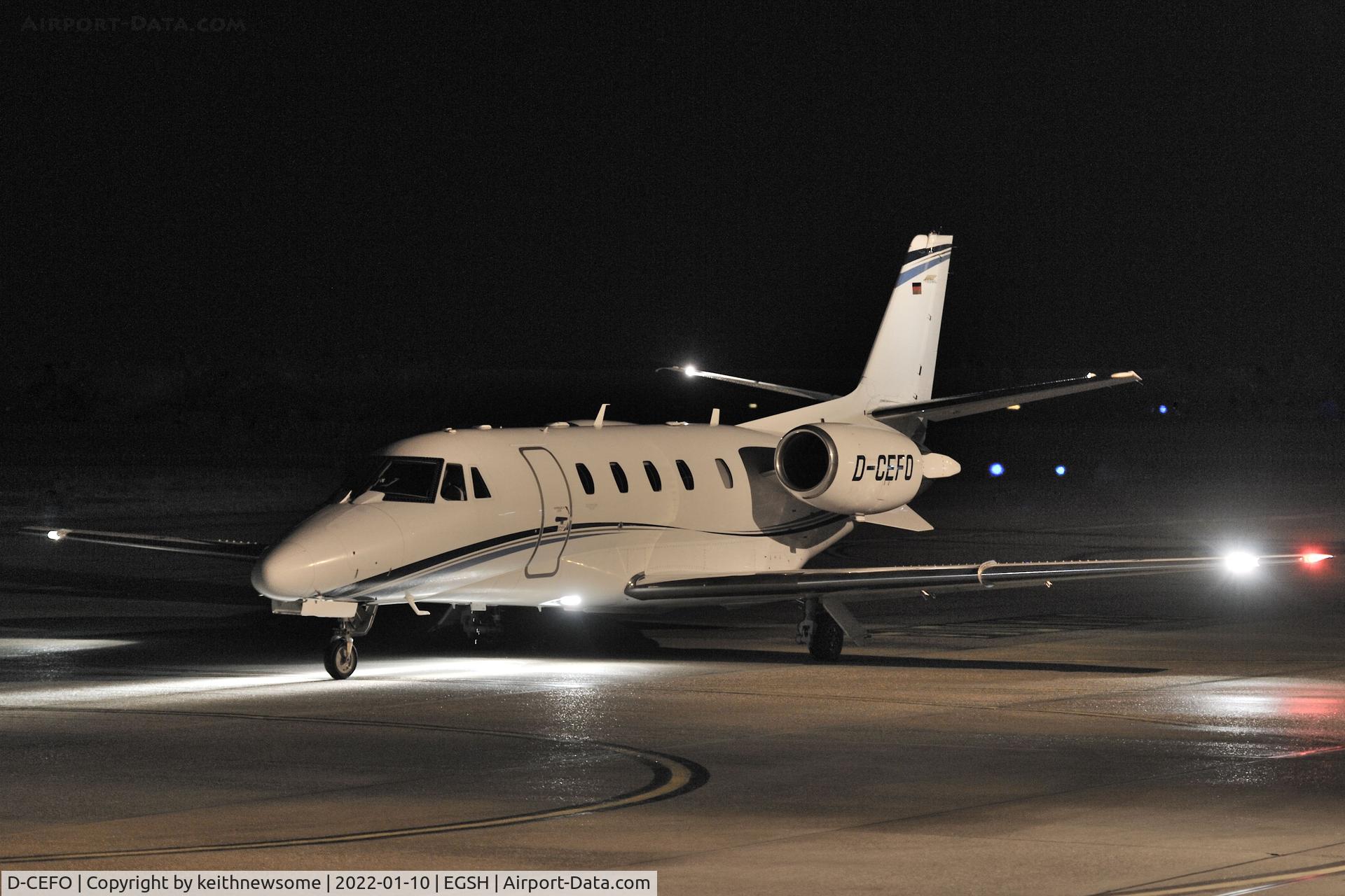 D-CEFO, 2011 Cessna 560XL Citation Excel XLS+ C/N 560-6082, Leaving Norwich for Paris.