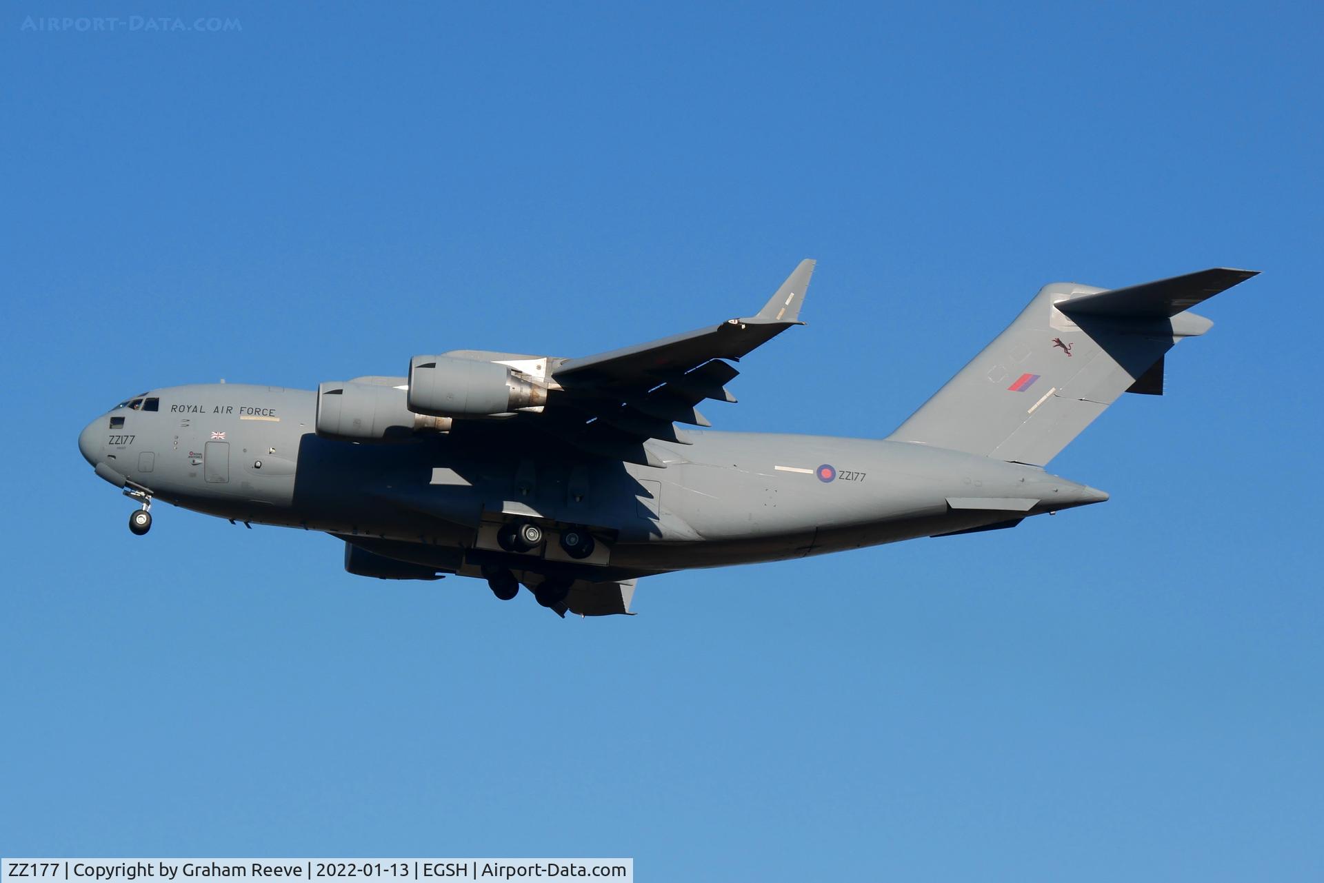 ZZ177, 2010 Boeing C-17A Globemaster III C/N F-227, On approach to Norwich.