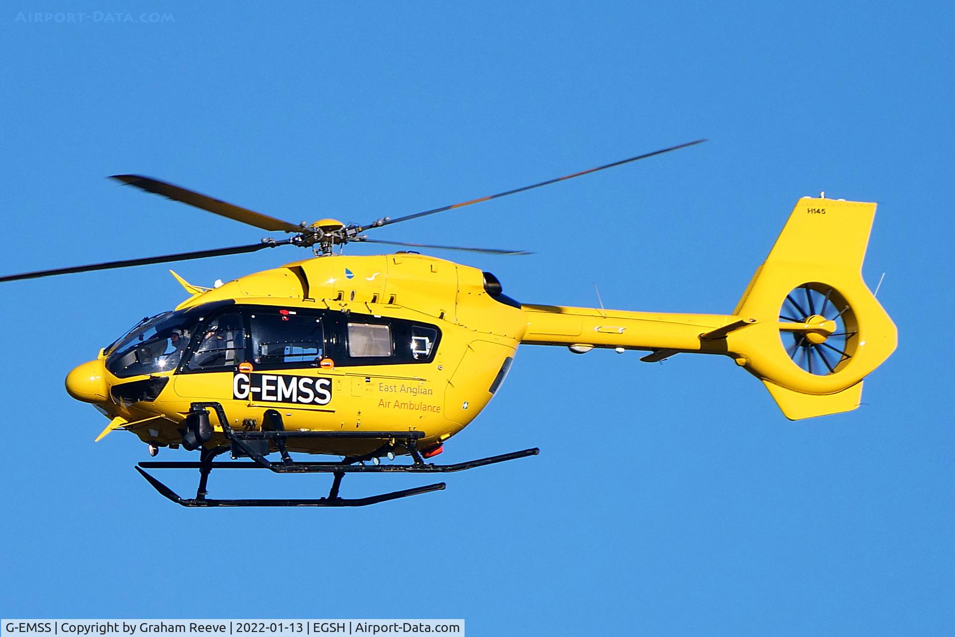 G-EMSS, 2018 Airbus Helicopters EC-145T-2 (BK-117D-2) C/N 20217, Landing at Norwich, with new logo on the side.