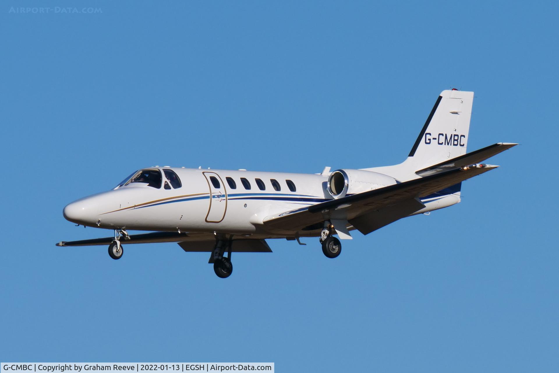 G-CMBC, 2000 Cessna 550 Citation Bravo C/N 550-0951, Landing at Norwich.