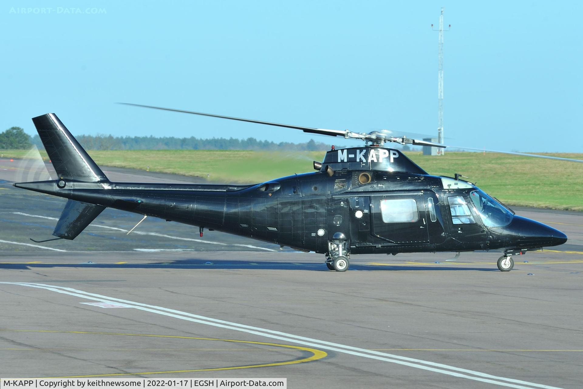 M-KAPP, 1995 Agusta A-109C C/N 7630, Leaving Norwich, formerly 2-HELO.