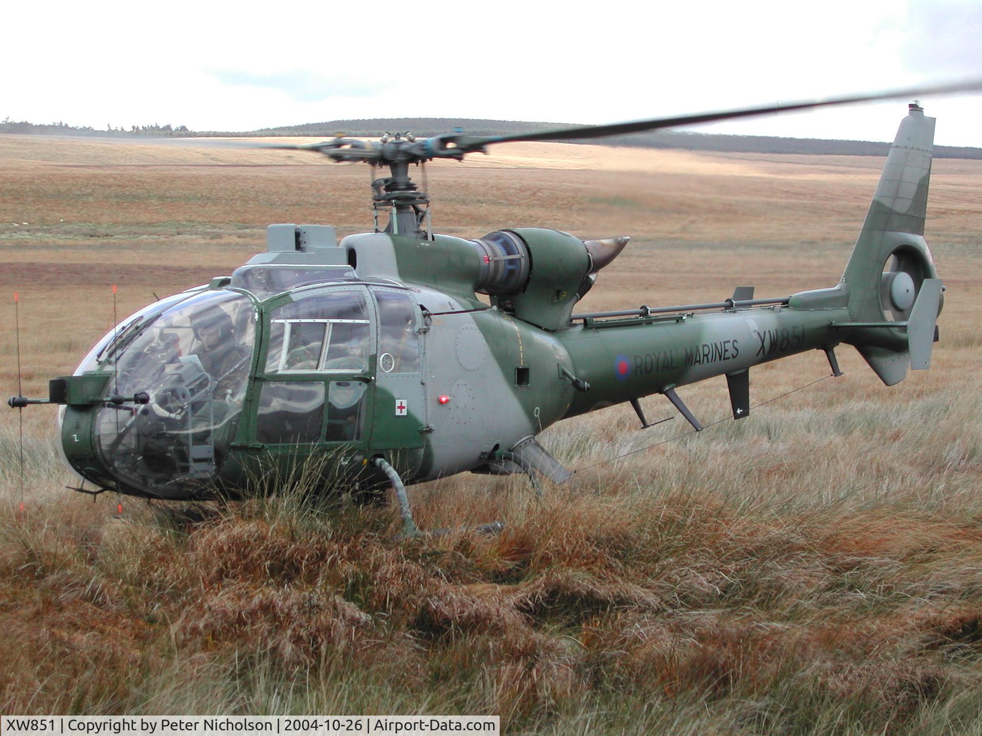 XW851, 1973 Westland SA-341B Gazelle AH1 C/N WA1021, Gazelle AH.1, Callsign Navy CH, of 847 Naval Air Squadron on Forward Air Control exercise in October 2004