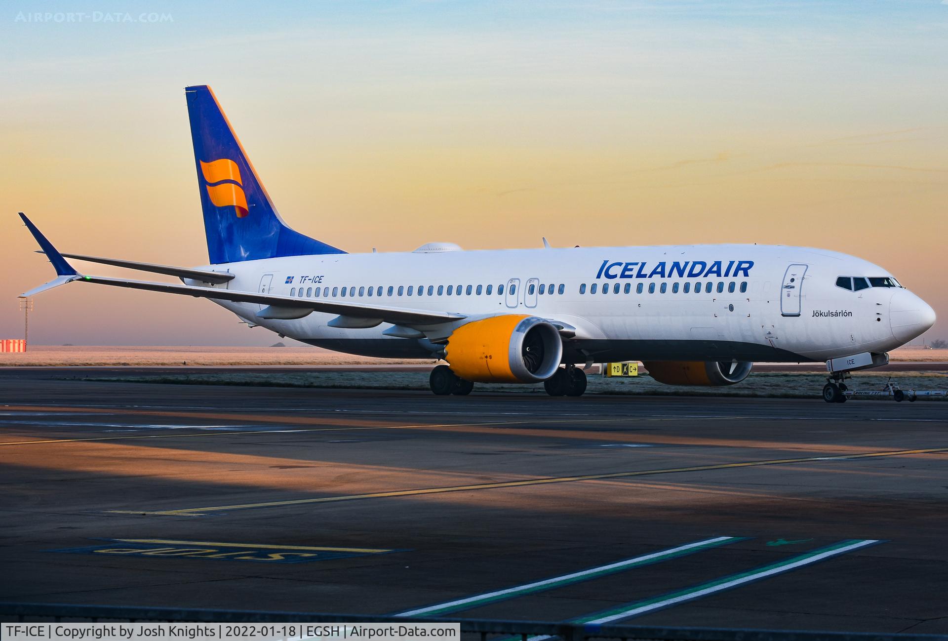 TF-ICE, 2018 Boeing 737-8 MAX C/N 44353, On Tug To The Spray Hangar Under The Morning Sunrise.