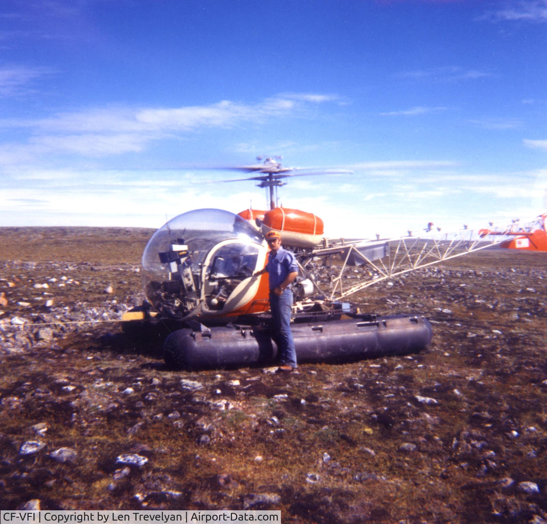 C-FVFI, Bell 47G-4A C/N 0000, CF-VFI owned and operated by LIFTAIR INTERNATIONAL LTD out of Calgary (Neil J Armstrong).  This photo near Baker Lake 1975 in Canadian Barrenlands   (B Armstrong in photo - pilot)