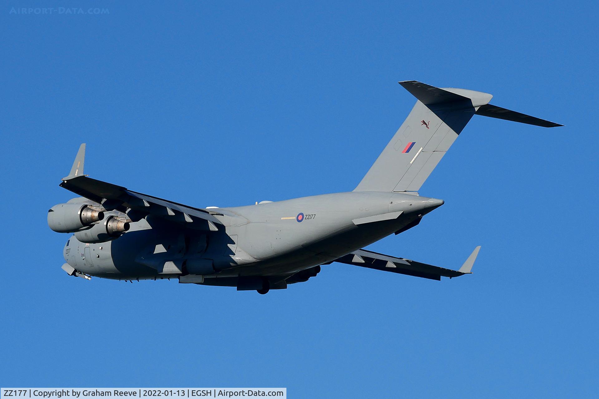 ZZ177, 2010 Boeing C-17A Globemaster III C/N F-227, Departing from Norwich.