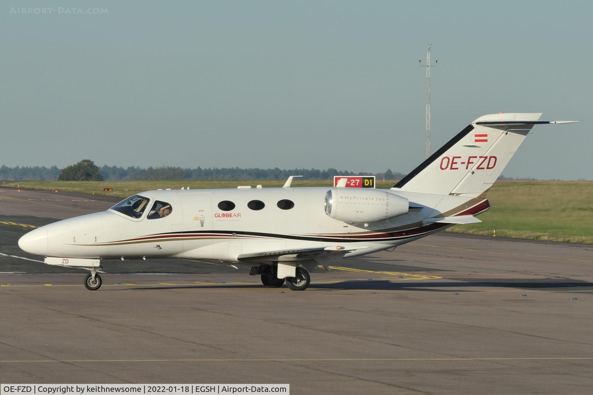 OE-FZD, 2009 Cessna 510 Citation Mustang Citation Mustang C/N 510-0216, Arriving at Norwich from Guernsey.