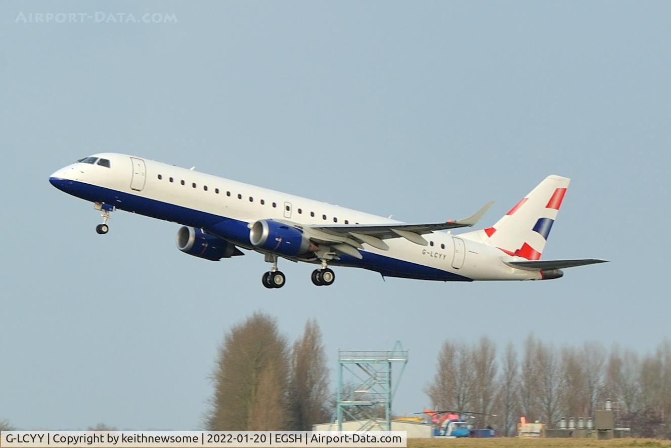 G-LCYY, 2008 Embraer 190LR (ERJ-190-100LR) C/N 19000189, Leaving Norwich for Enschelde, Netherlands. Following long term storage.