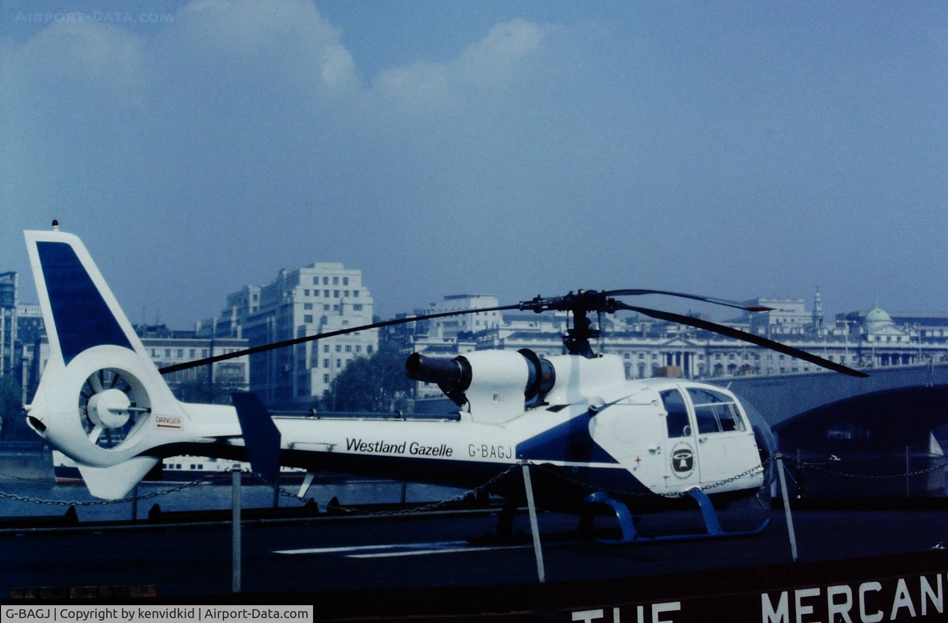 G-BAGJ, 1973 Westland SA-341G Gazelle C/N WA1039, At the South Bank Air Show on the River Thames, London, early 1980's