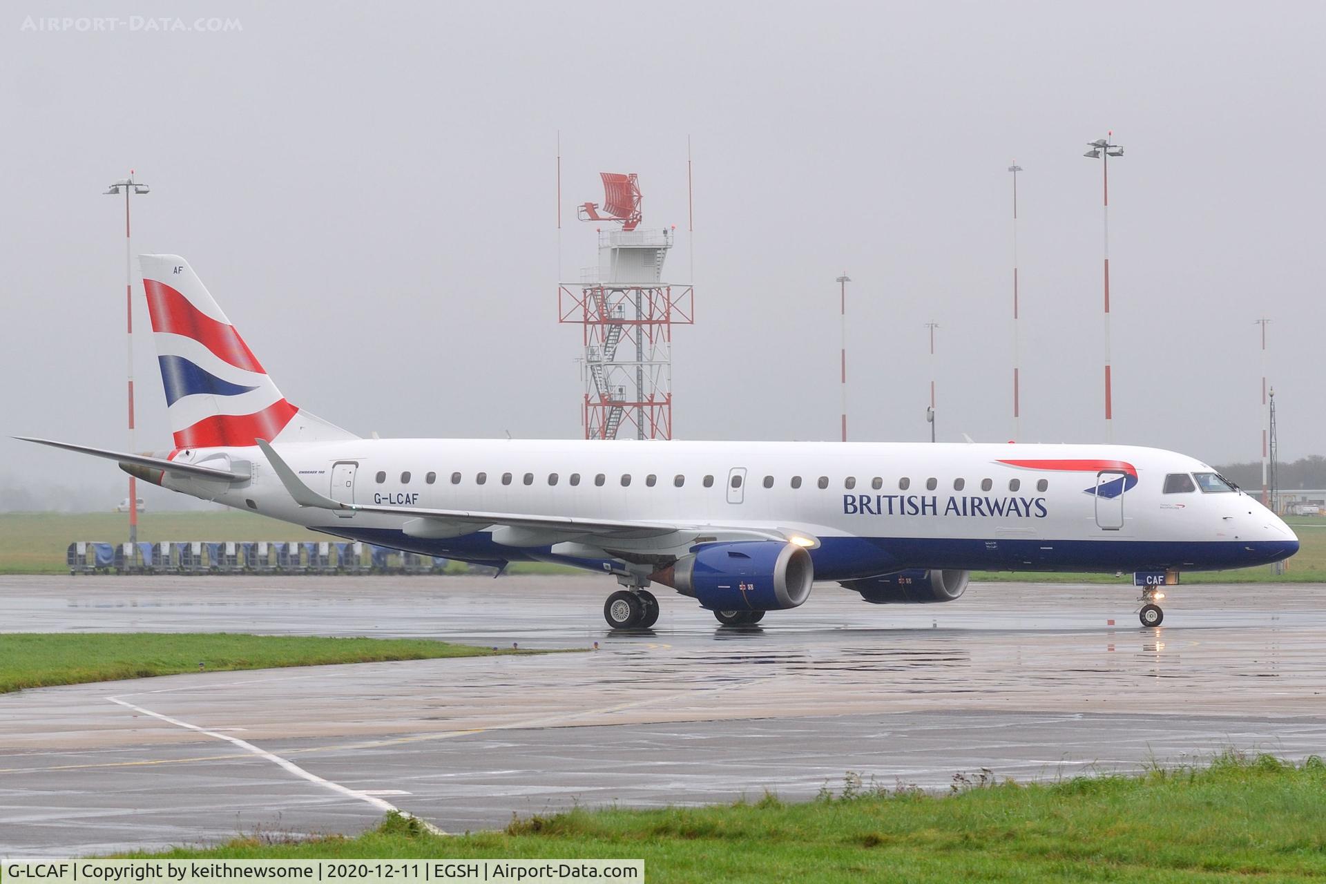 G-LCAF, 2012 Embraer 190LR (ERJ-190-100LR) C/N 19000548, Arriving at Norwich from London City Airport.