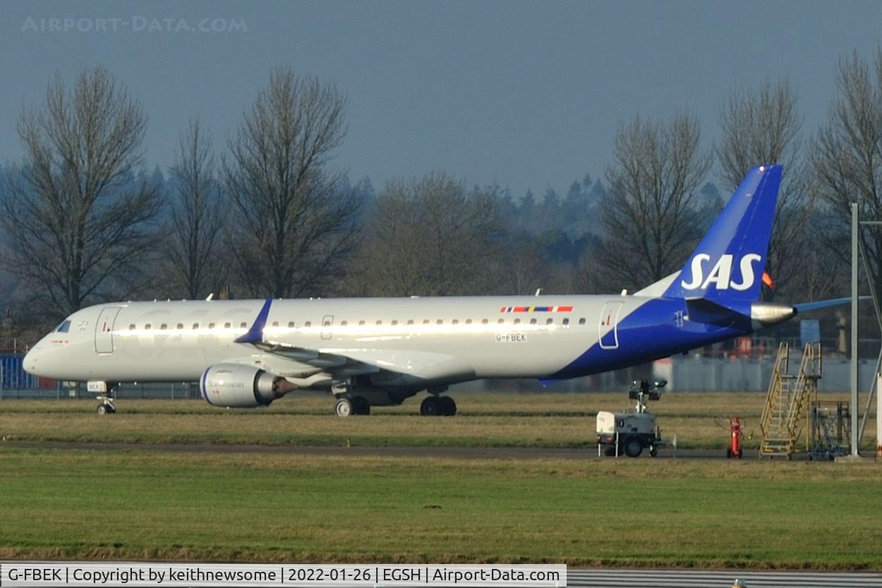 G-FBEK, 2008 Embraer 195LR (ERJ-190-200LR) C/N 19000168, At engine run facility with SAS colour scheme.