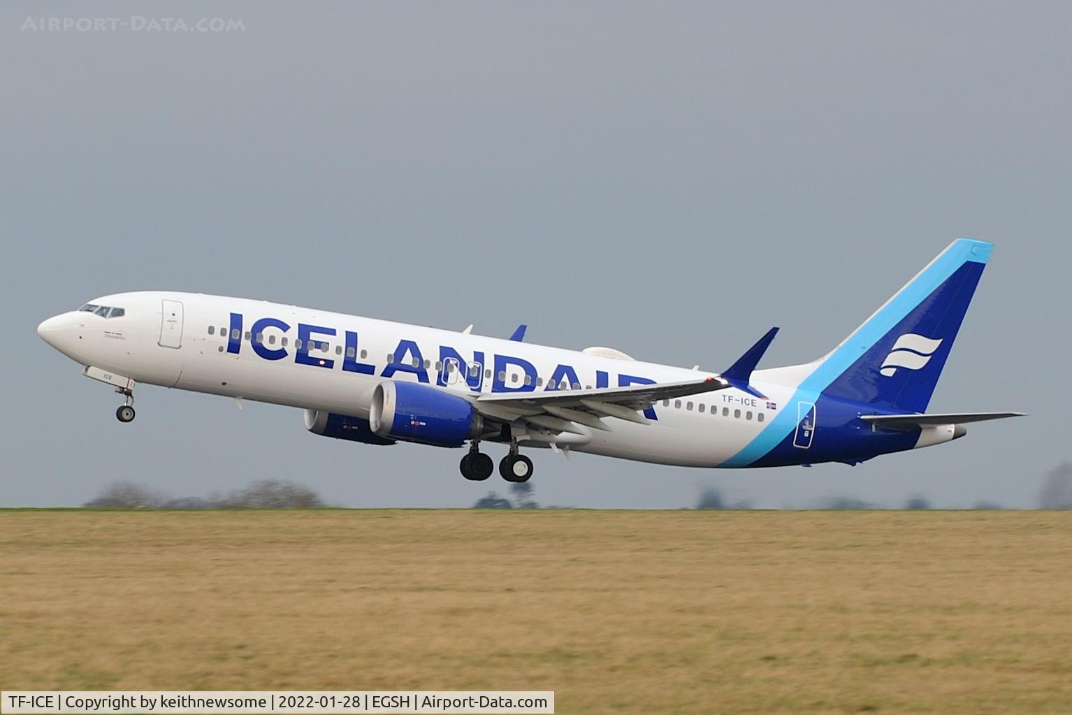 TF-ICE, 2018 Boeing 737-8 MAX C/N 44353, Leaving Norwich following paintwork.