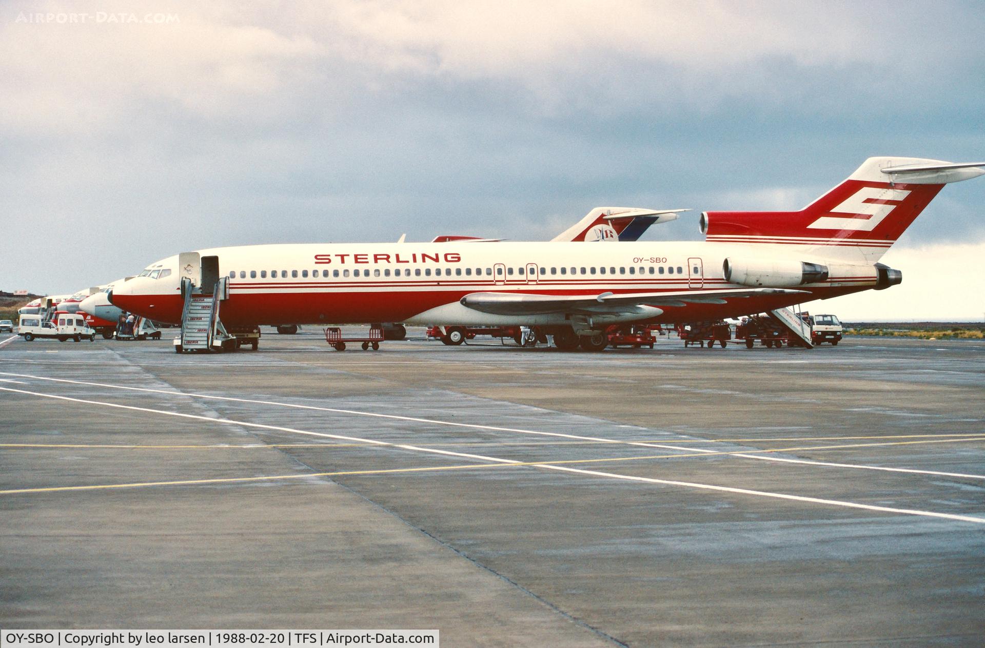 OY-SBO, 1988 Boeing 727-2K3 C/N 22770, Tenerife South 20.2.1988. 4 B-727 on a row.