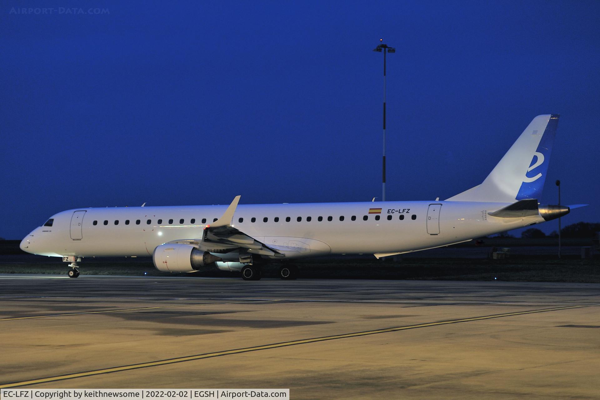EC-LFZ, 2010 Embraer 195LR (ERJ-190-200LR) C/N 19000357, Leaving Norwich for Palma.