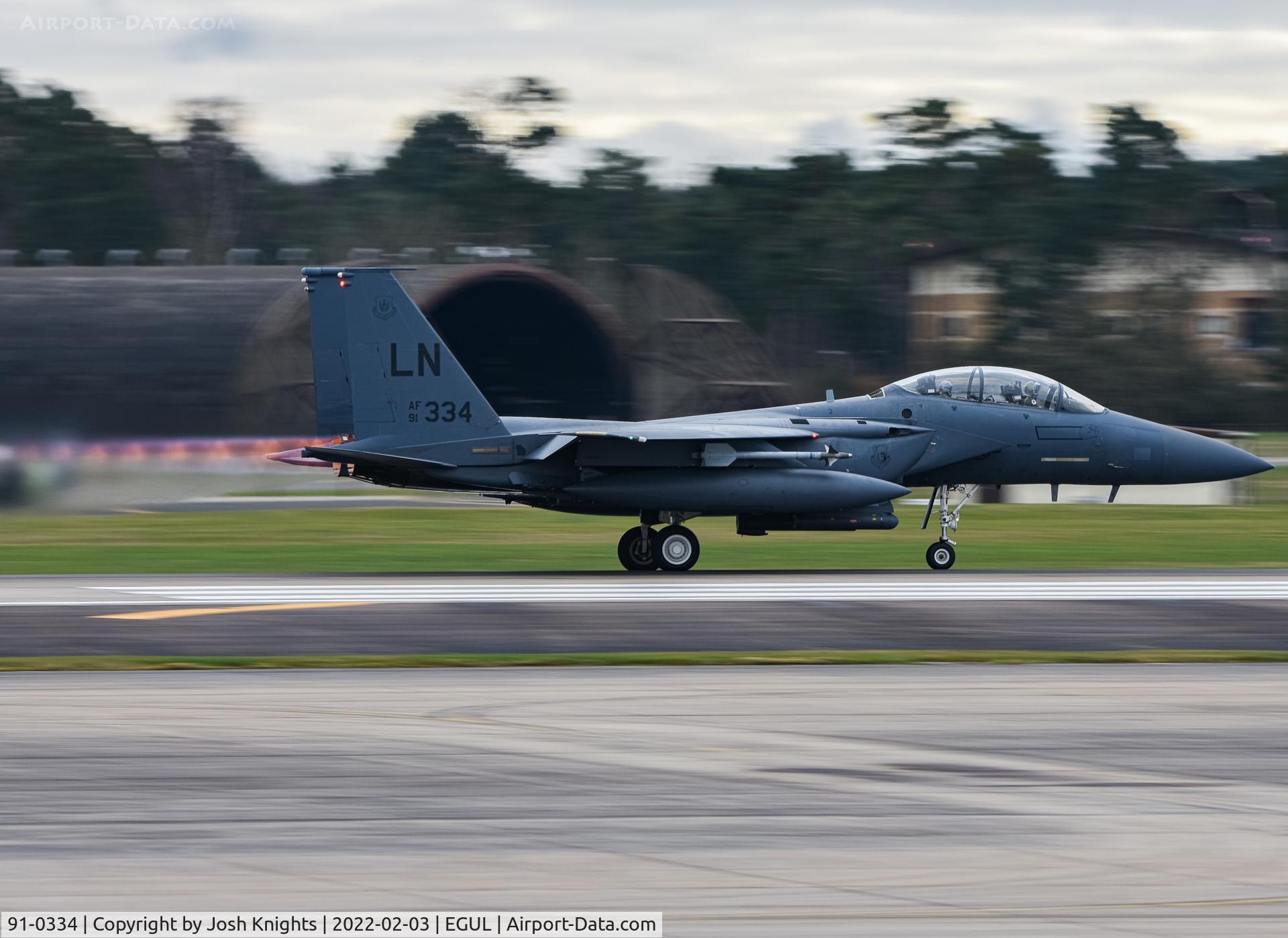 91-0334, 1991 McDonnell Douglas F-15E Strike Eagle C/N 1241/E199, Departing RAF Lakenheath.