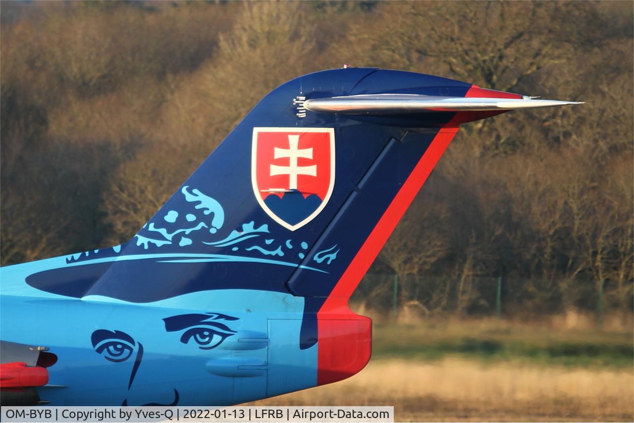 OM-BYB, 1992 Fokker 100 (F-28-0100) C/N 11403, Fokker 100, Tail close up view, Slovak astronomer, politician, general and diplomat Brest-Bretagne airport (LFRB-BES)