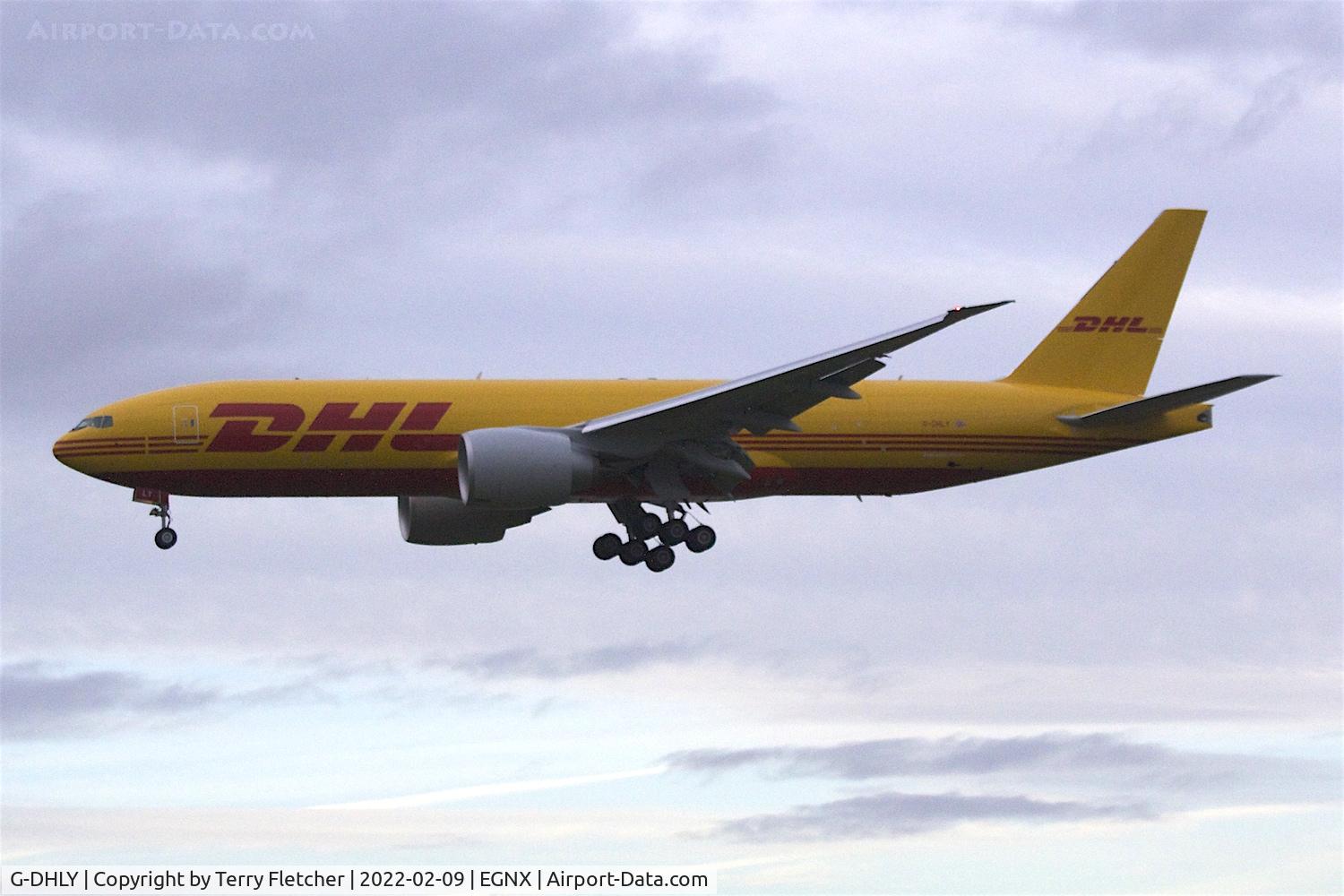 G-DHLY, 2022 Boeing 777F C/N 67138, At East Midlands Airport , in very gloomy weather , just 2 days after delivery