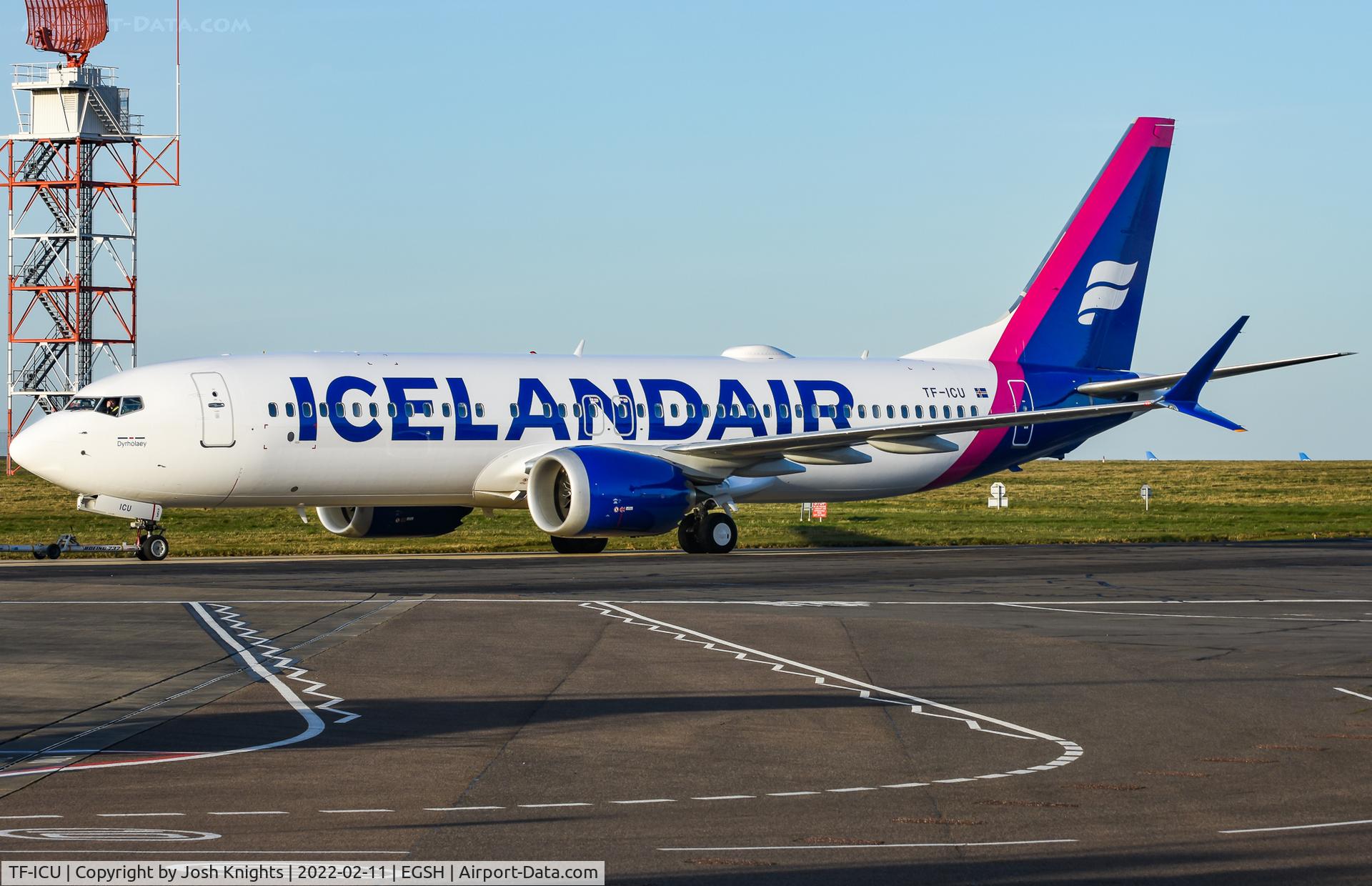 TF-ICU, 2018 Boeing 737-8 MAX C/N 44355, On Tug To Stand After Respray Into New Icelandair Livery. This Design With The Pink/Purple Tail.