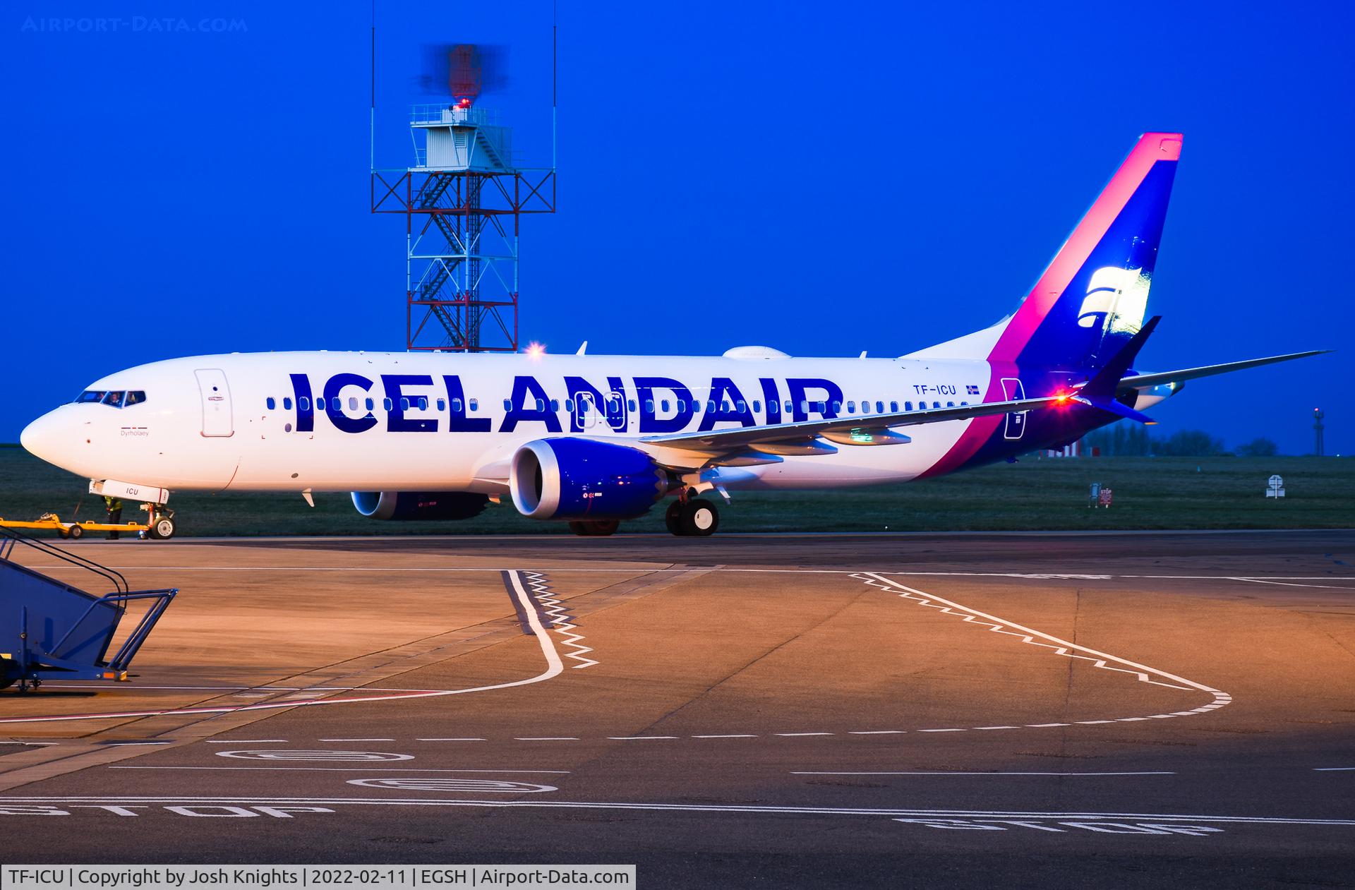 TF-ICU, 2018 Boeing 737-8 MAX C/N 44355, On Push-Back After Respray Into The New Icelandair Livery. This Design With The Pink/Purple Tail.