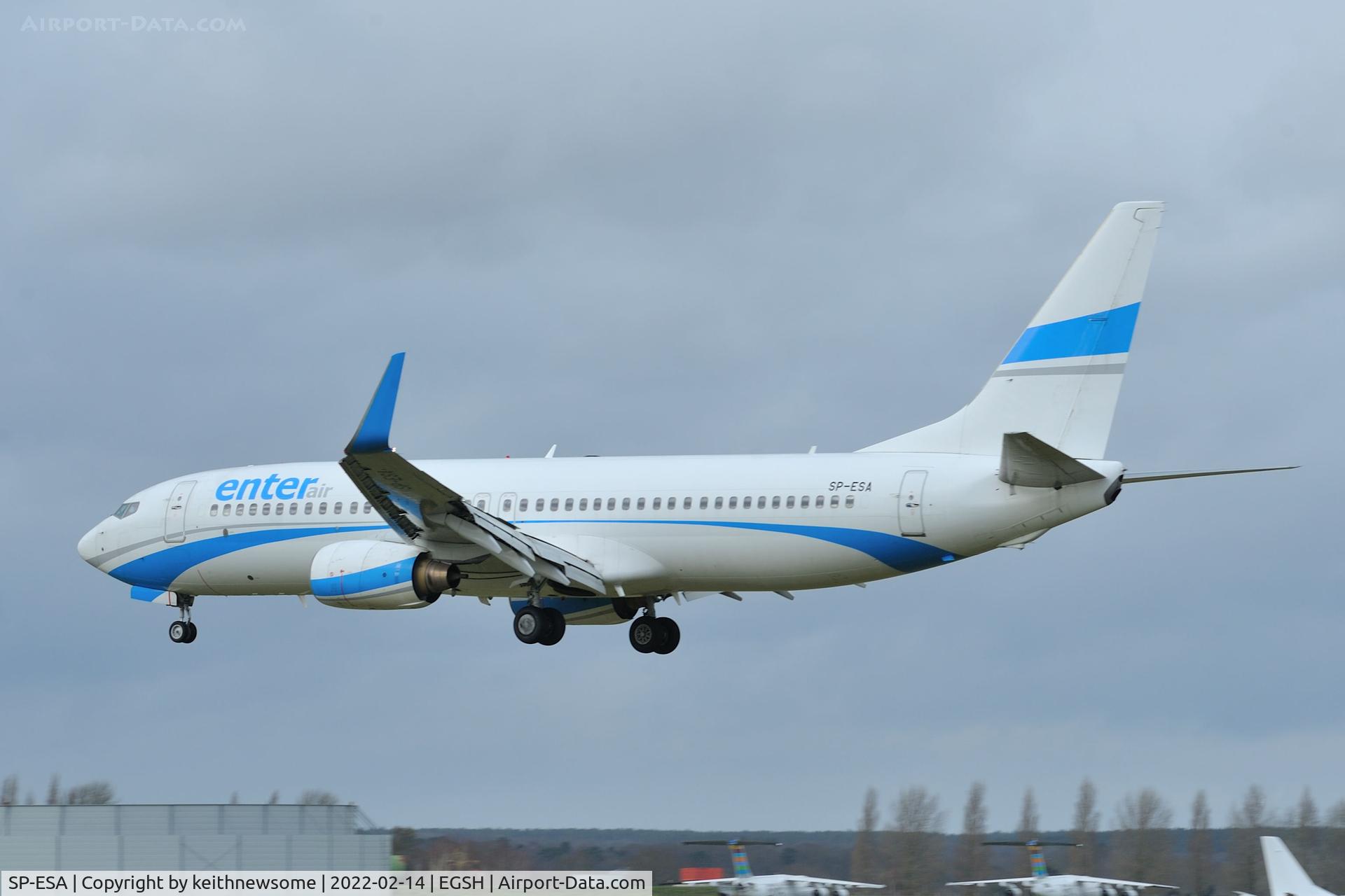 SP-ESA, 2003 Boeing 737-8Q8 C/N 30680, Arriving at Norwich from Bournemouth.