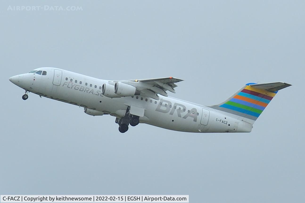 C-FACZ, British Aerospace BAe.146-100 C/N E3244, Leaving Norwich for Cranfield.