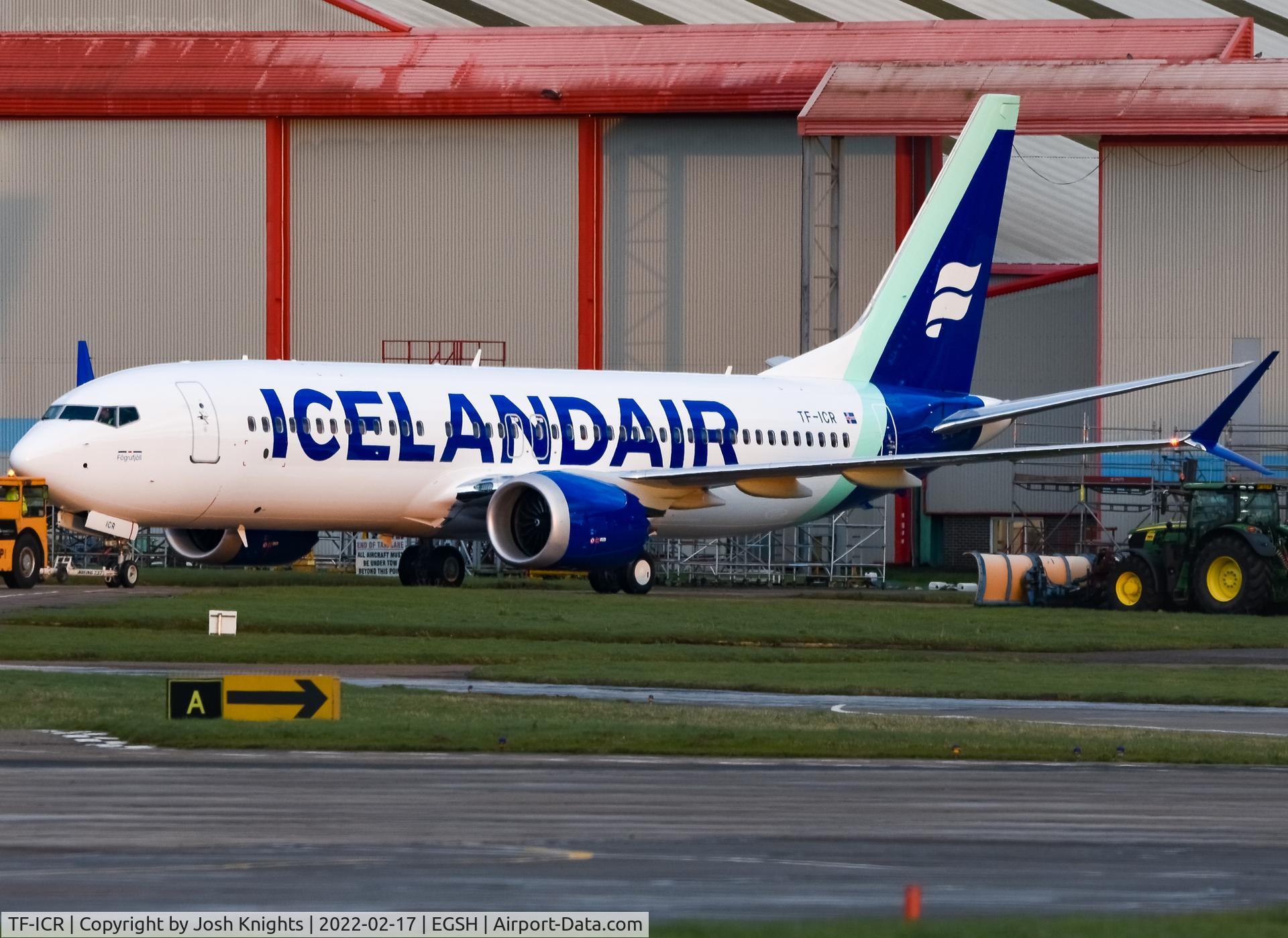 TF-ICR, 2021 Boeing 737-8 MAX C/N 44362, On Tug To Stand After Respray Into The New Icelandair Livery, This Design With The Light Green Tail.