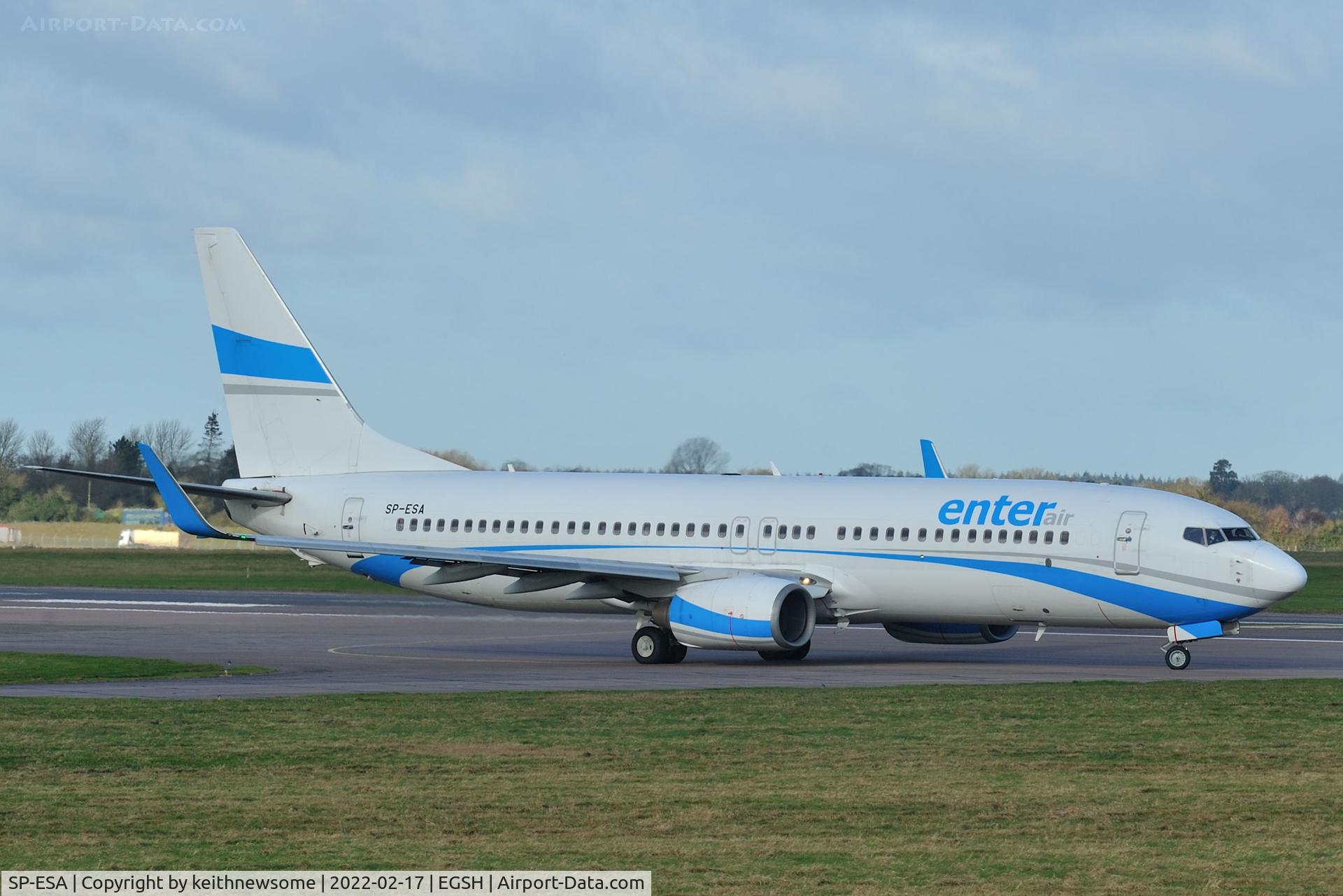 SP-ESA, 2003 Boeing 737-8Q8 C/N 30680, Leaving Norwich for Enontekio, Finland.