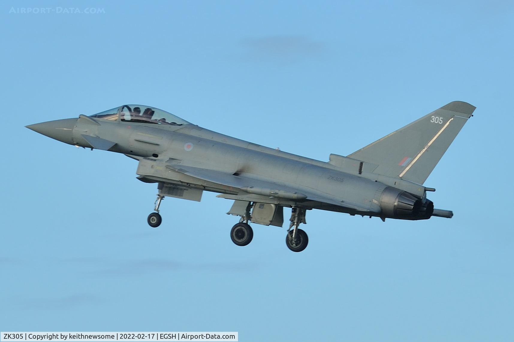 ZK305, 2009 Eurofighter EF-2000 Typhoon FGR4 C/N BS056/215, One low pass today at Norwich, devoid of squadron markings.