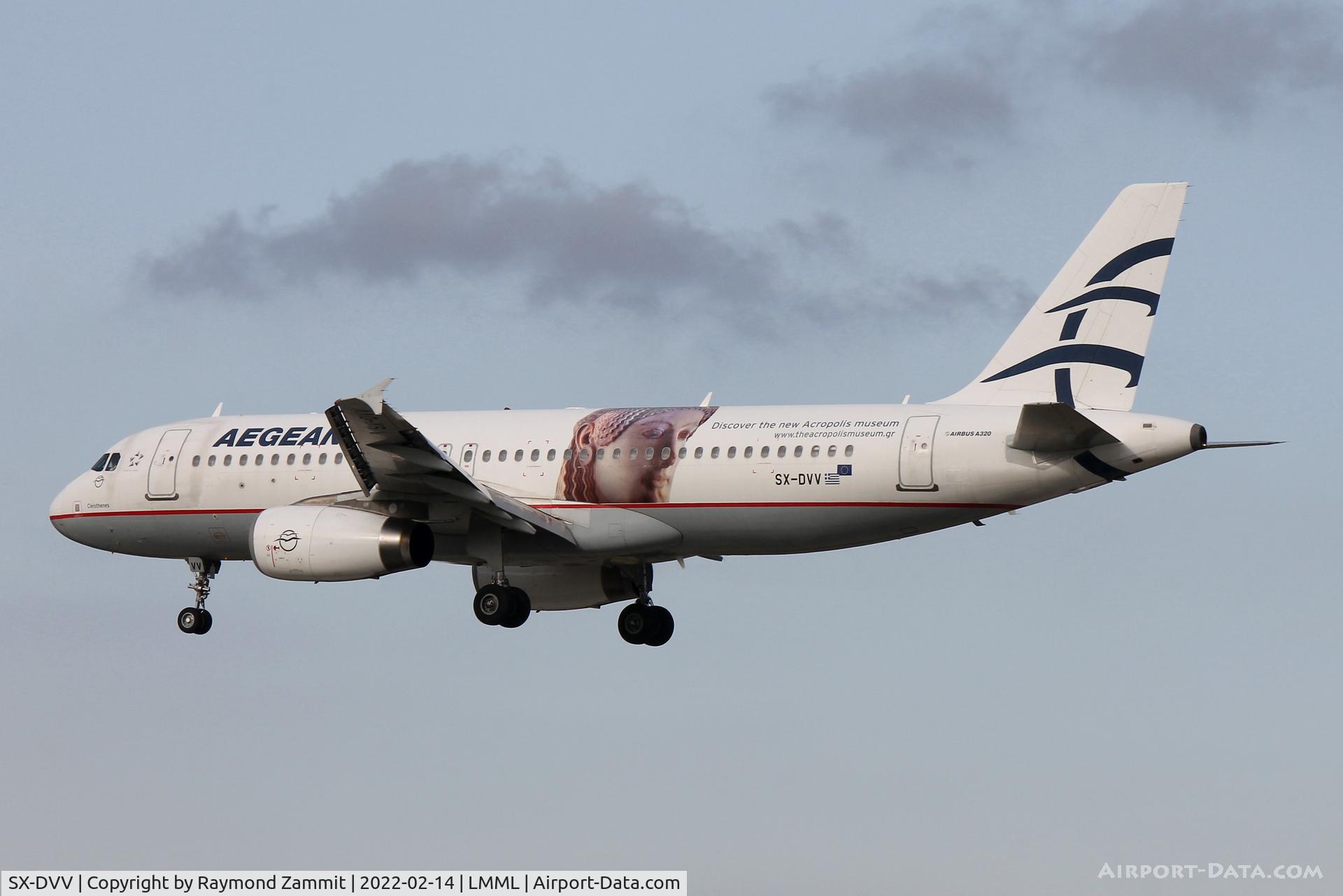 SX-DVV, 2009 Airbus A320-232 C/N 3773, A320 SX-DVV of Aegean Airways sporting the Akropolis titles seen here landing in Malta on 14 Feb 22