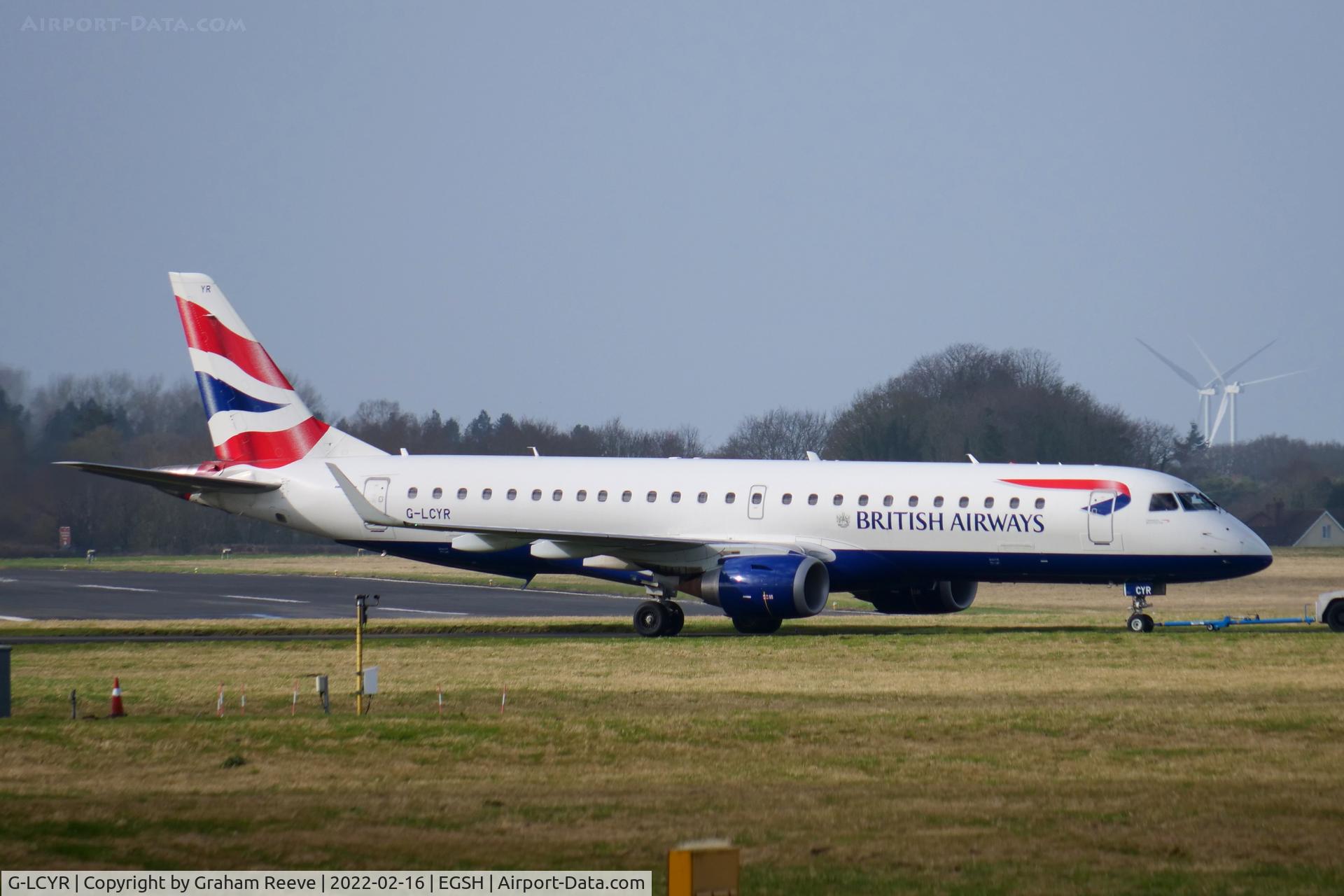 G-LCYR, 2012 Embraer 190SR (ERJ-190-100SR) C/N 19000563, Under tow at Norwich.