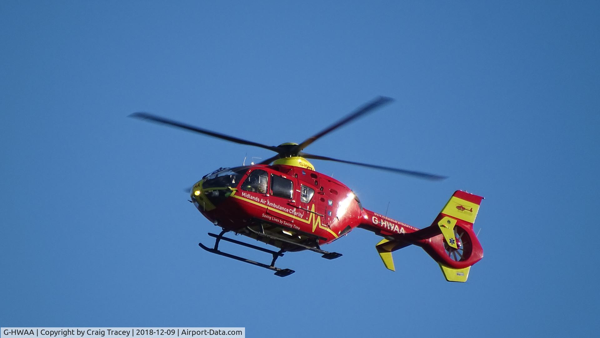 G-HWAA, 2005 Eurocopter EC-135T-2 C/N 0375, Babcock MCS EC135 G-HWAA Of Midlands air ambulance charity based at Tatenhill seen here landing at the University hospital of Stoke on Trent