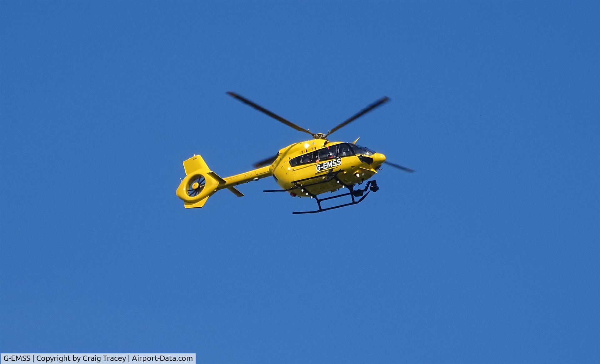 G-EMSS, 2018 Airbus Helicopters EC-145T-2 (BK-117D-2) C/N 20217, Airbus H145, Babcock MCS Spare stand in helicopter G-EMSS seen here standing in for G-RMAA (Midlands air ambulance charity) landing at the University hospital of Stoke on Trent.