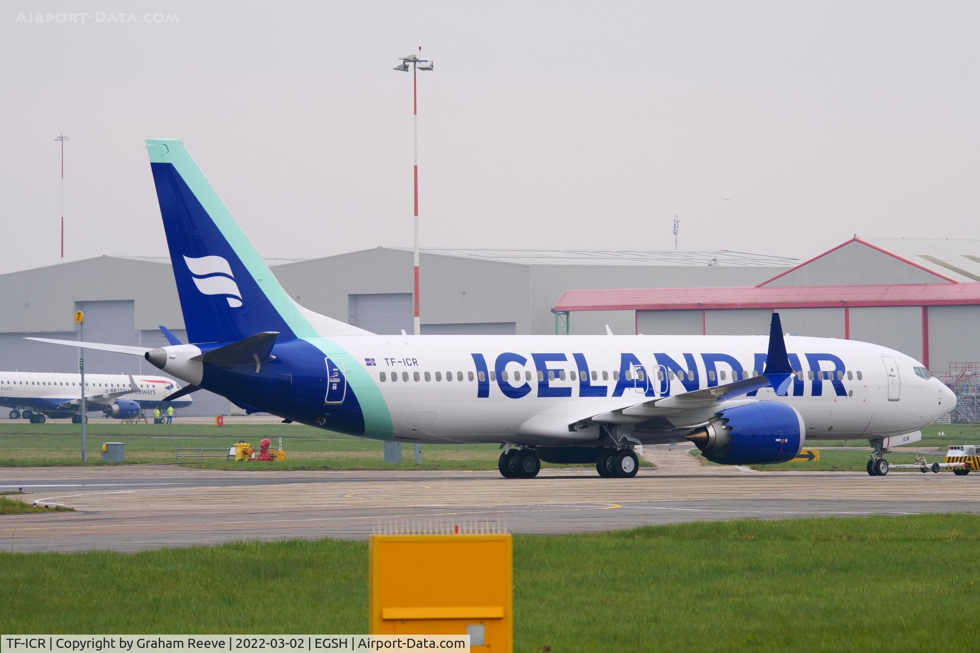 TF-ICR, 2021 Boeing 737-8 MAX C/N 44362, Under tow at Norwich.