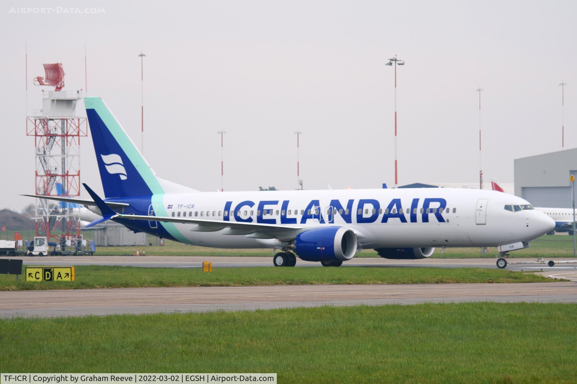 TF-ICR, 2021 Boeing 737-8 MAX C/N 44362, Under tow at Norwich.