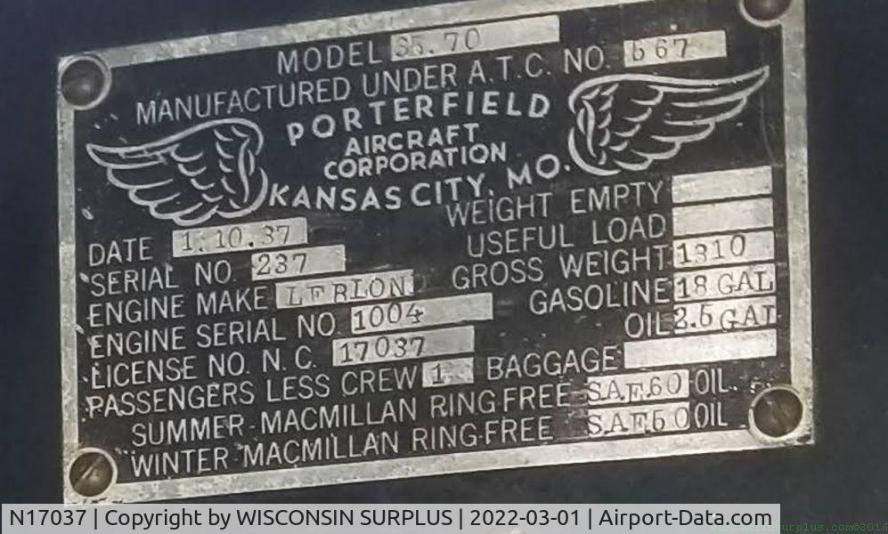 N17037, 1937 Porterfield 35-70 Flyabout C/N 237, FOUND SITTING IN A SHED/HANGER IN WISCONSIN. WAS UP FOR SALE AS OF MARCH 3 2022 HAS NOT MOVED IN OVER 30+ YEARS
