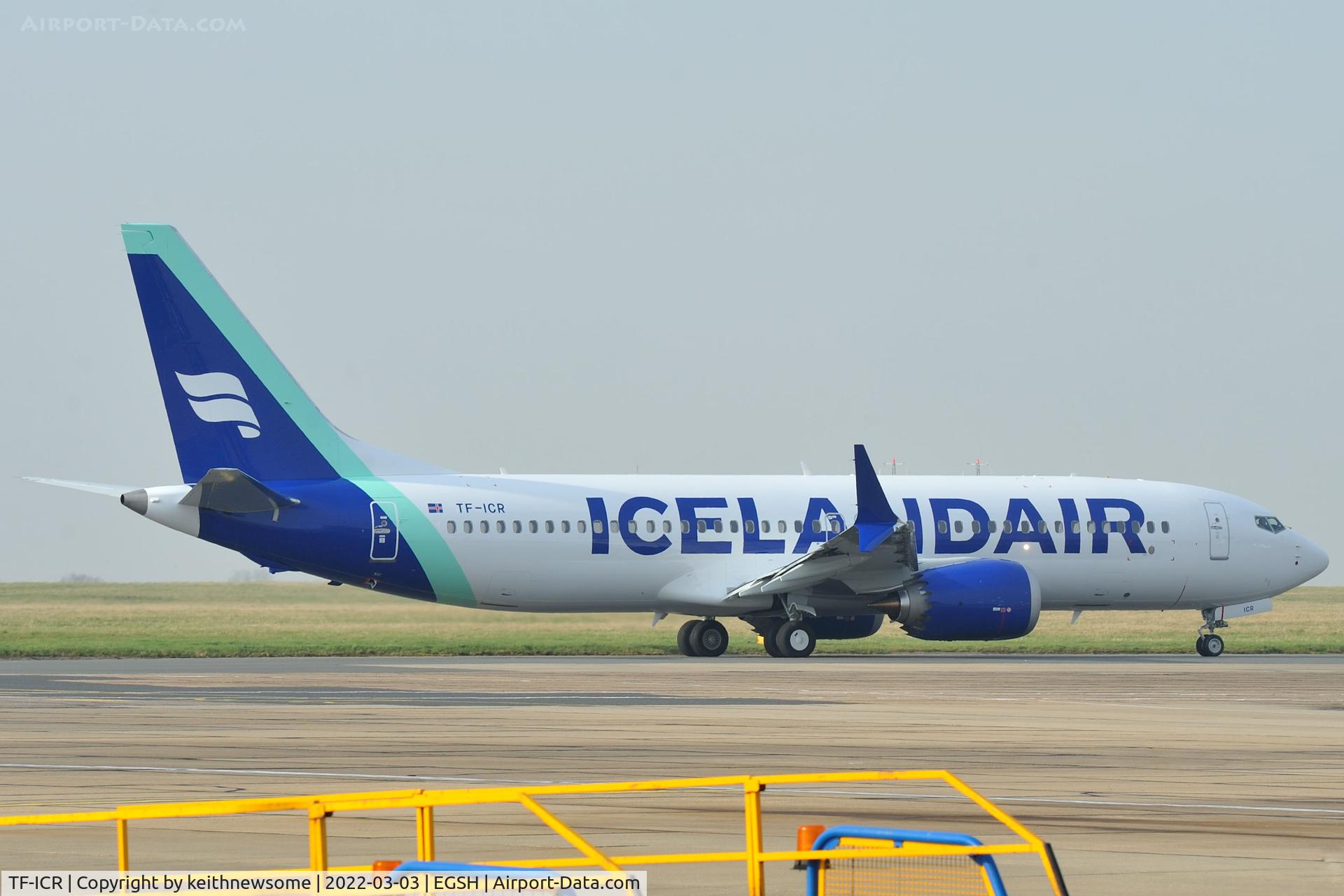 TF-ICR, 2021 Boeing 737-8 MAX C/N 44362, Leaving Norwich following prolonged stop over.