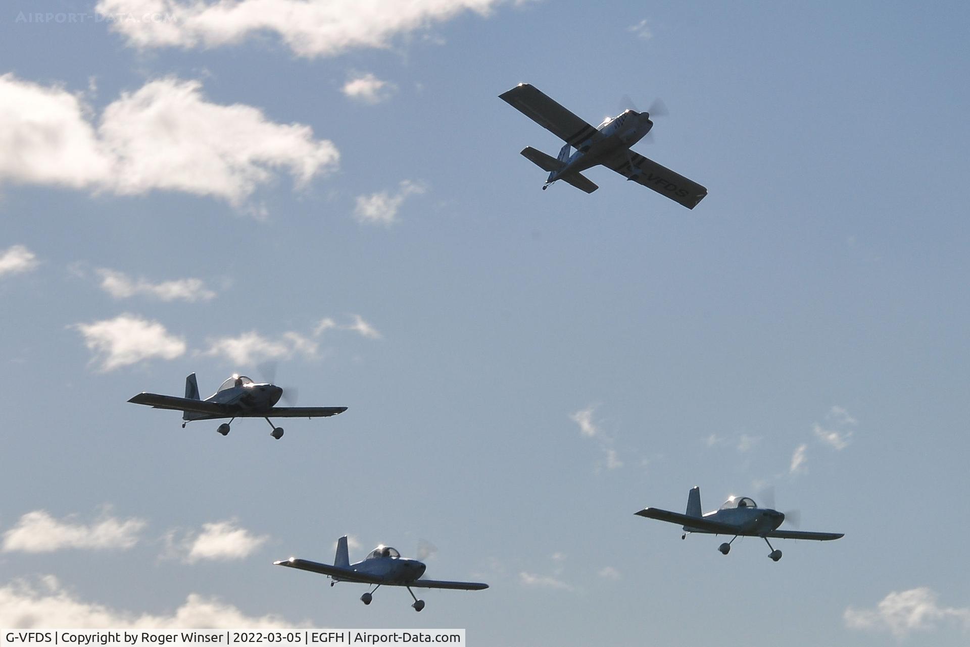 G-VFDS, 2012 Vans RV-8 C/N PFA 303-14637, Team Raven 4-ship run and break over Runway 04.